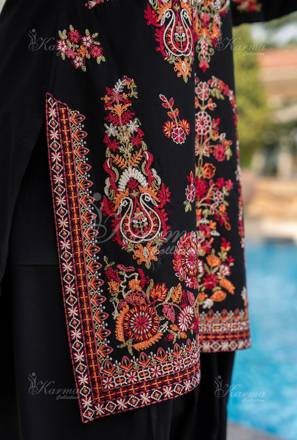 Rang Ja Fully Embroidered Farshi Shalwar 1491 Karma Collection DEEP BLACK Chikankari Multi Thread Embroidery