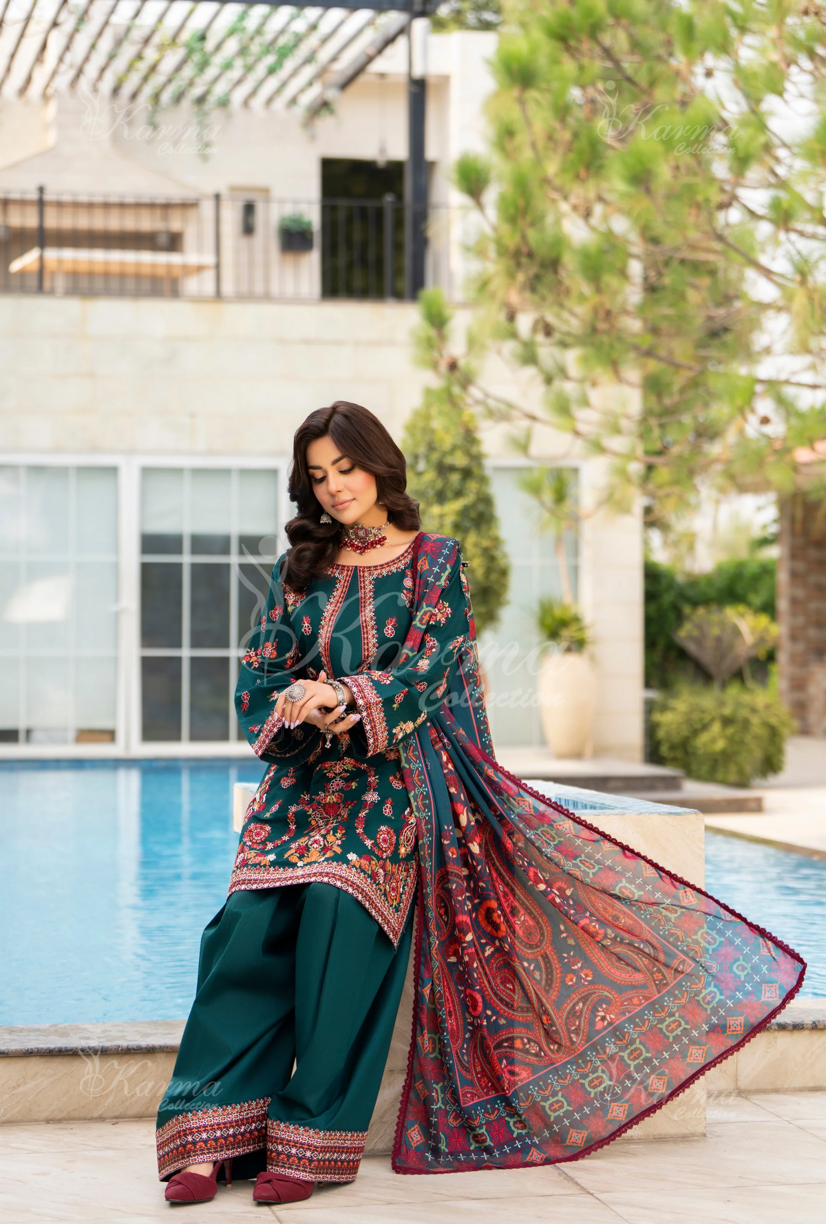 Rang Ja Fully Embroidered Farshi Shalwar 1491 Karma Collection TEAL GREEN Chikankari Multi Thread Embroidery