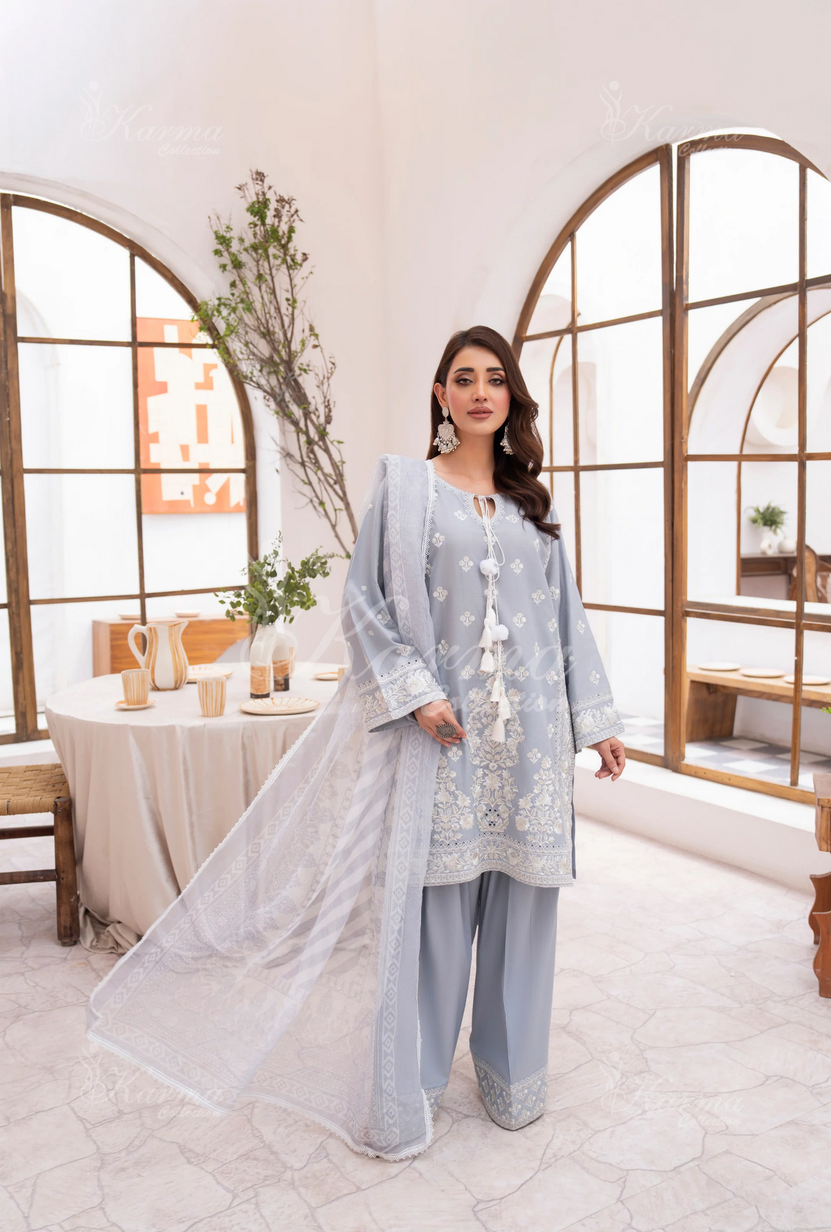 Farshi Shalwar with Embroidered Karma CollectionDOVE GREY SKU:KC-1476