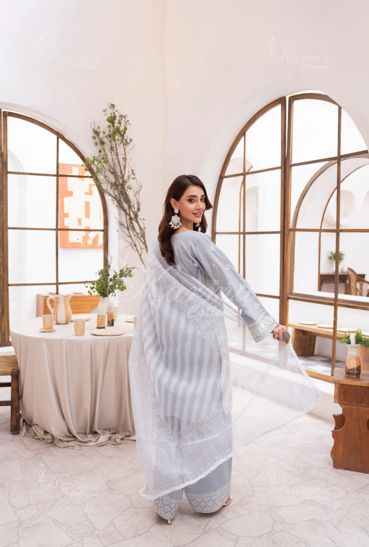 Farshi Shalwar with Embroidered Karma CollectionDOVE GREY SKU:KC-1476