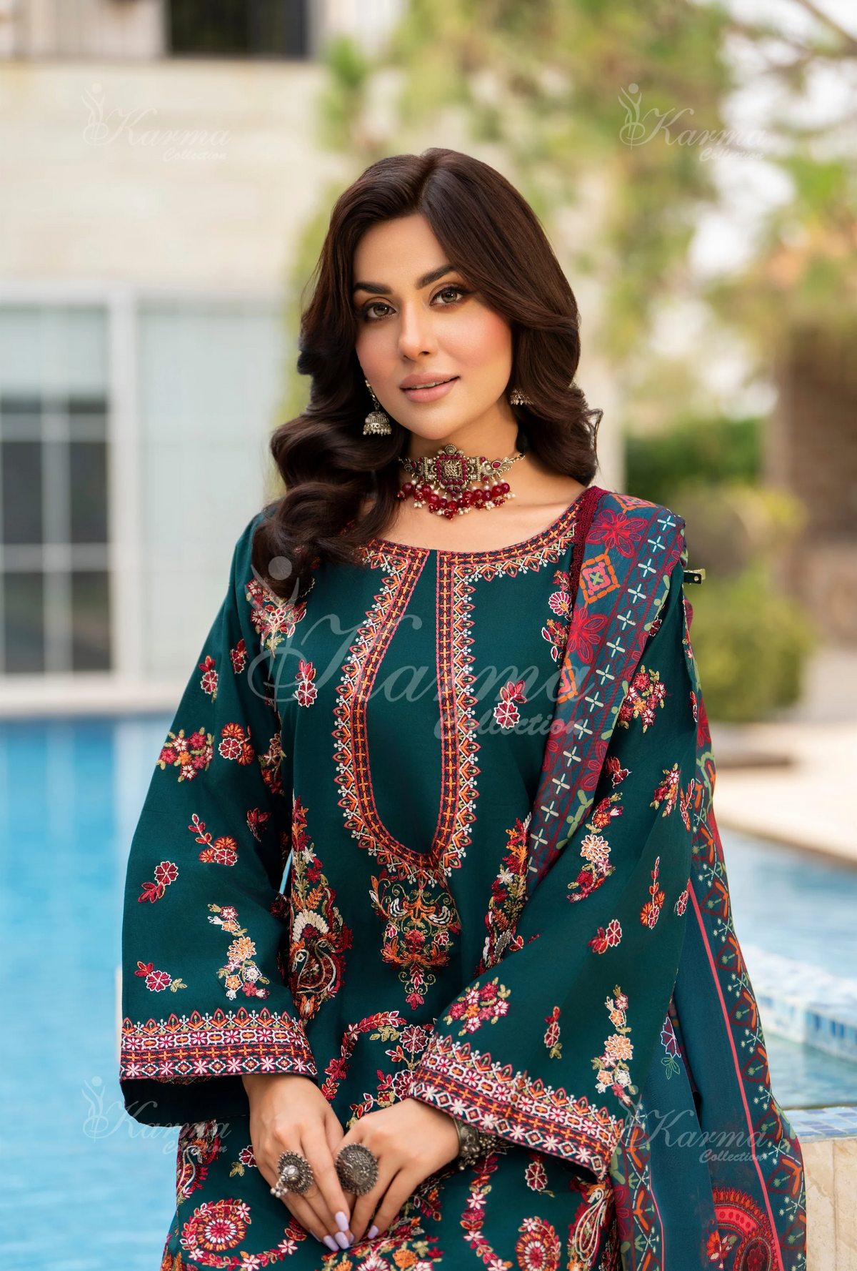 Rang Ja Fully Embroidered Farshi Shalwar 1491 Karma Collection TEAL GREEN Chikankari Multi Thread Embroidery