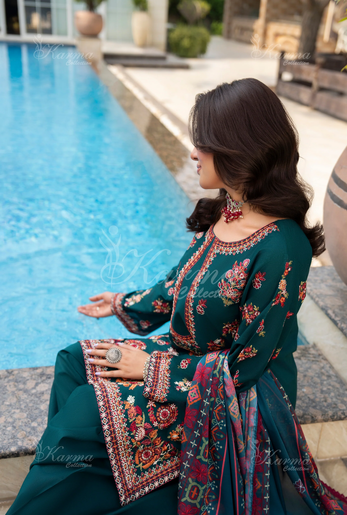 Rang Ja Fully Embroidered Farshi Shalwar 1491 Karma Collection TEAL GREEN Chikankari Multi Thread Embroidery