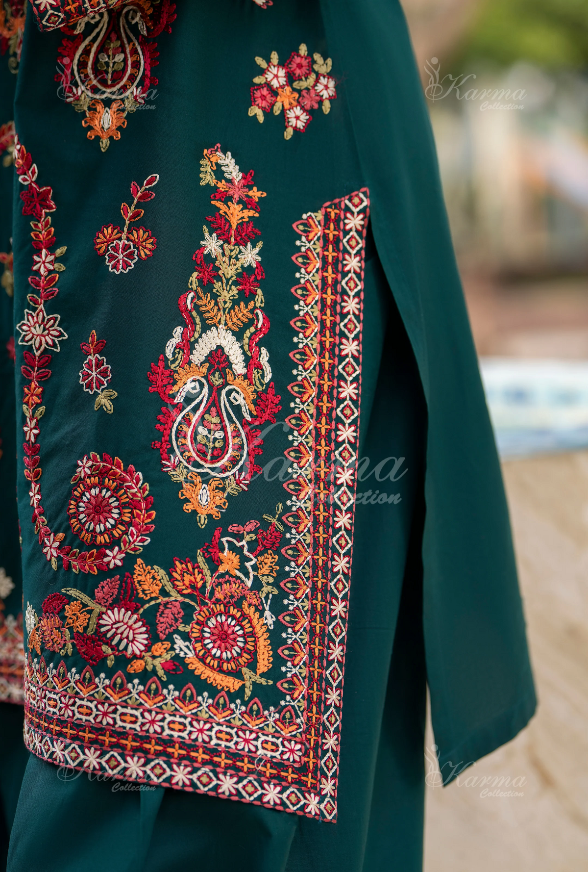 Rang Ja Fully Embroidered Farshi Shalwar 1491 Karma Collection TEAL GREEN Chikankari Multi Thread Embroidery