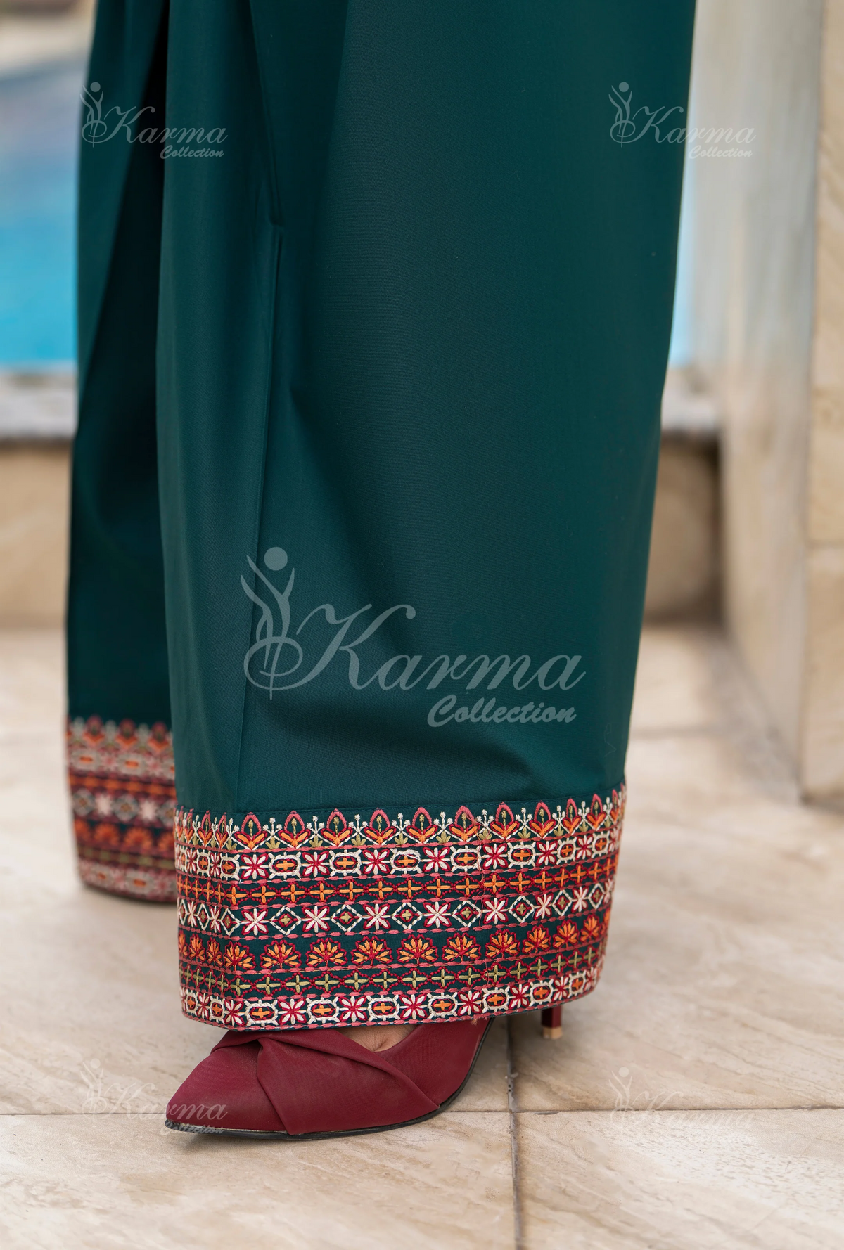 Rang Ja Fully Embroidered Farshi Shalwar 1491 Karma Collection TEAL GREEN Chikankari Multi Thread Embroidery