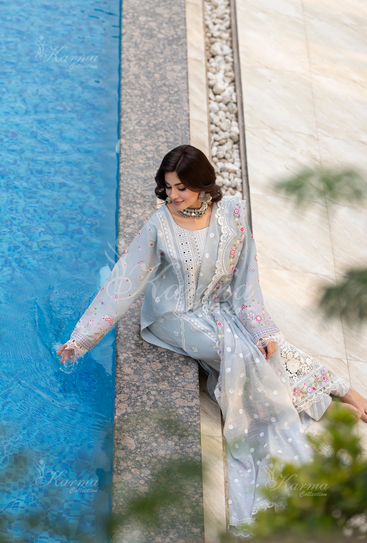 Rang Ja 3 piece embroidered Chikankari suit 1490 Karma Collection ICE BLUE