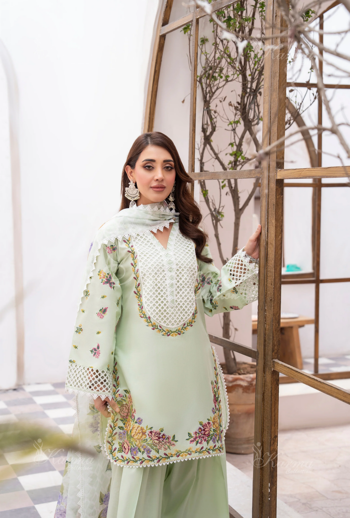 Farshi Shalwar with Embroidered Karma CollectionPISTACHIO GLOW SKU:KC-1480