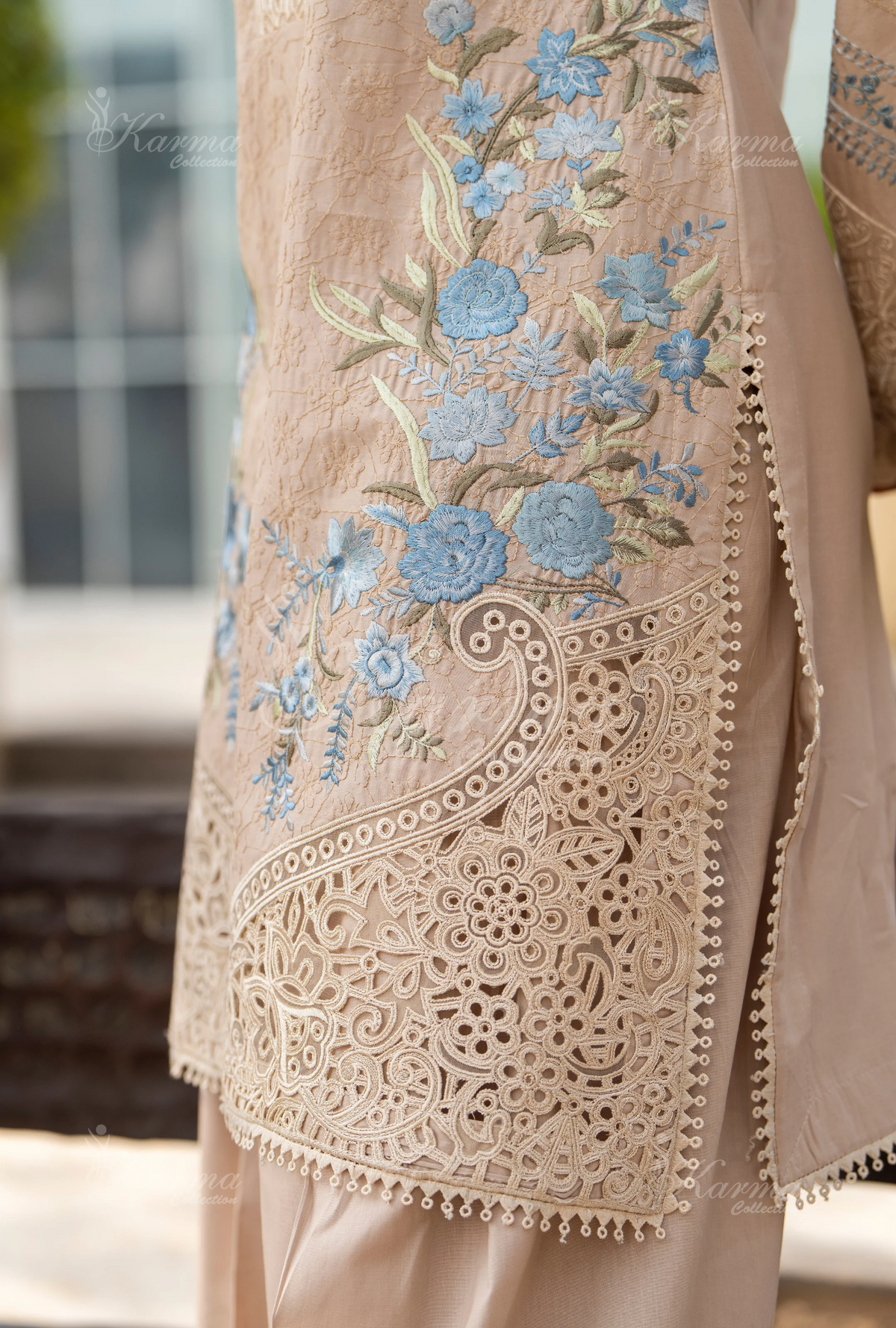 Rang Ja Fully Embroidered Farshi Shalwar 1488 Karma Collection PASTEL BEIGE Chikankari Multi Thread Embroidery