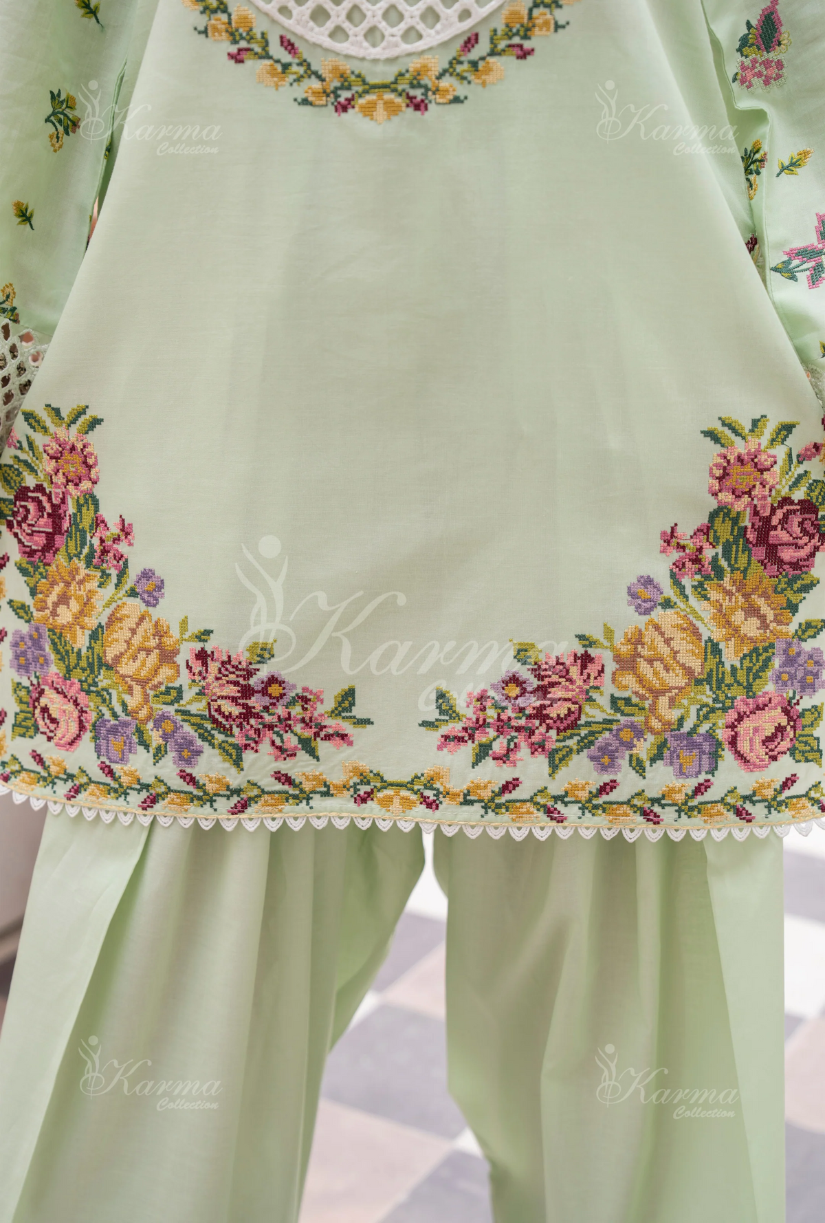 Farshi Shalwar with Embroidered Karma CollectionPISTACHIO GLOW SKU:KC-1480