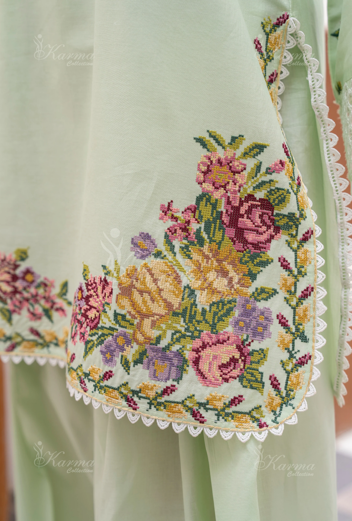 Farshi Shalwar with Embroidered Karma CollectionPISTACHIO GLOW SKU:KC-1480