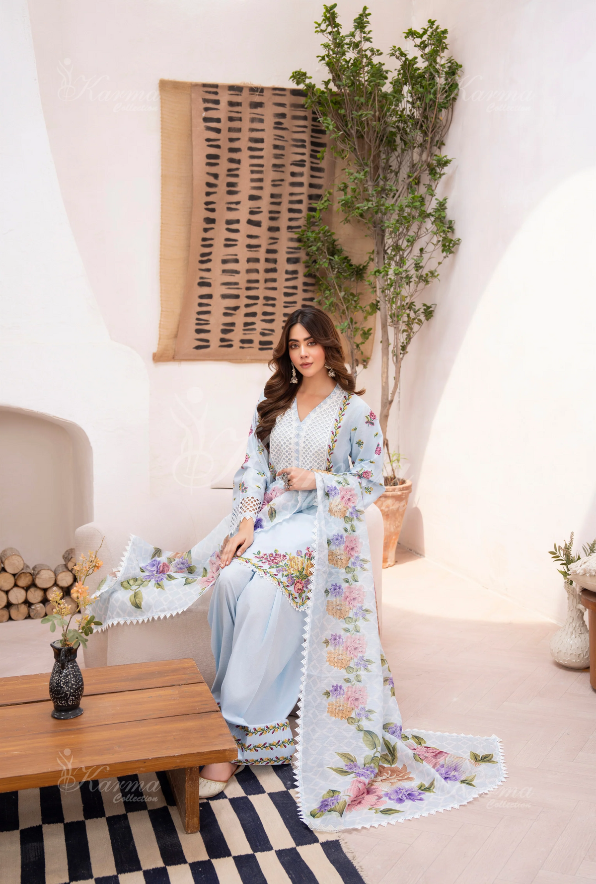 Farshi Shalwar with Embroidered Karma CollectionPOWDER BLUE SKU:KC-1480