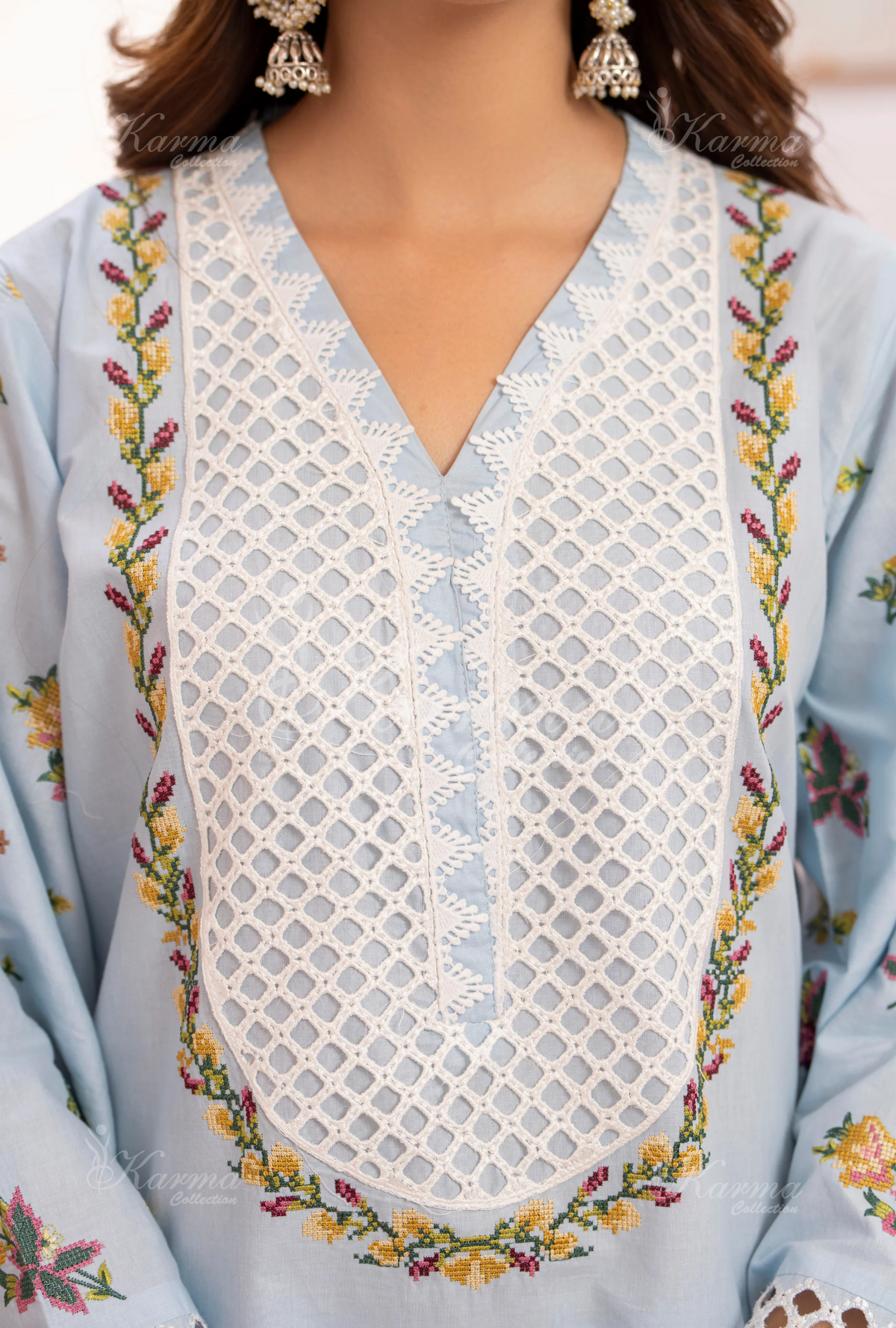 Farshi Shalwar with Embroidered Karma CollectionPOWDER BLUE SKU:KC-1480