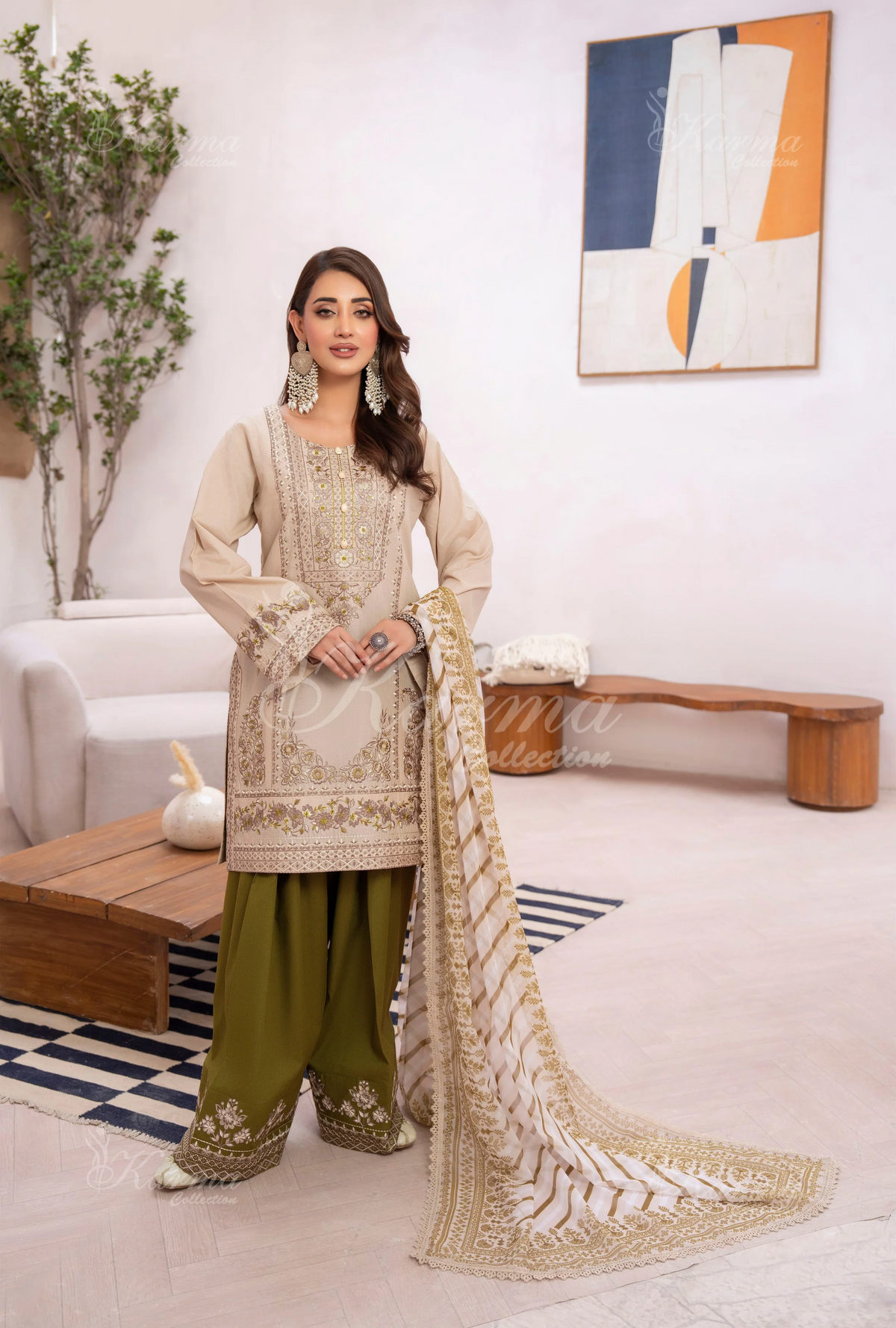 Farshi Shalwar with Embroidered Karma CollectionALMOND SILK SKU:KC-1484