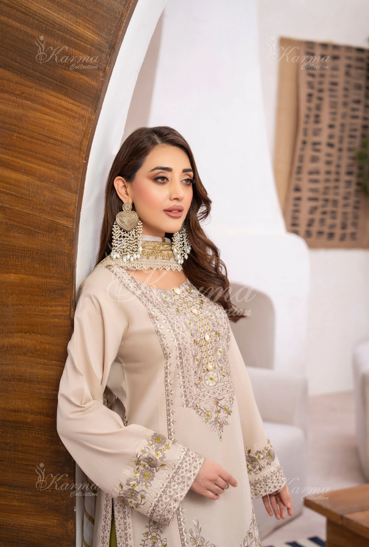 Farshi Shalwar with Embroidered Karma CollectionALMOND SILK SKU:KC-1484