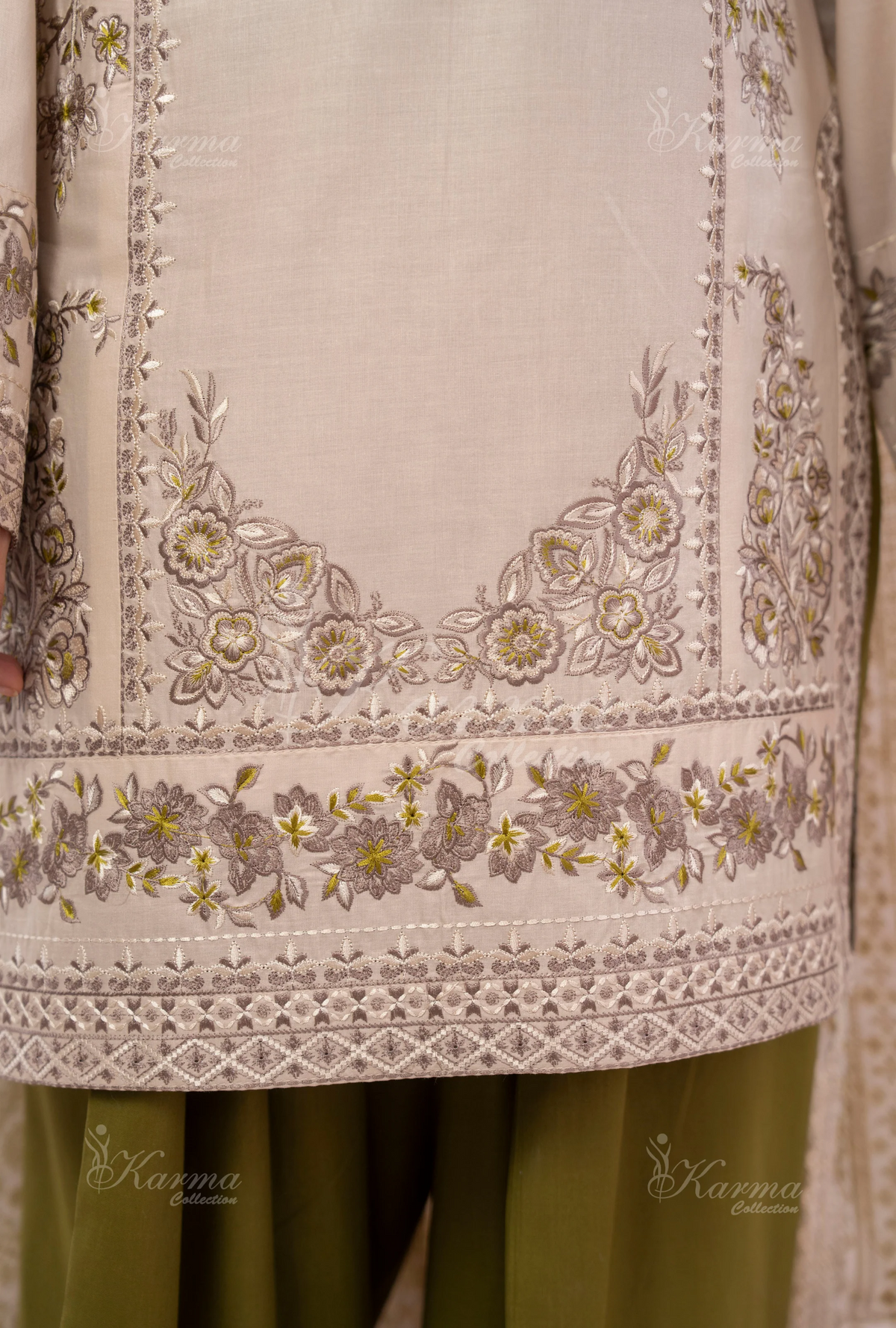 Farshi Shalwar with Embroidered Karma CollectionALMOND SILK SKU:KC-1484