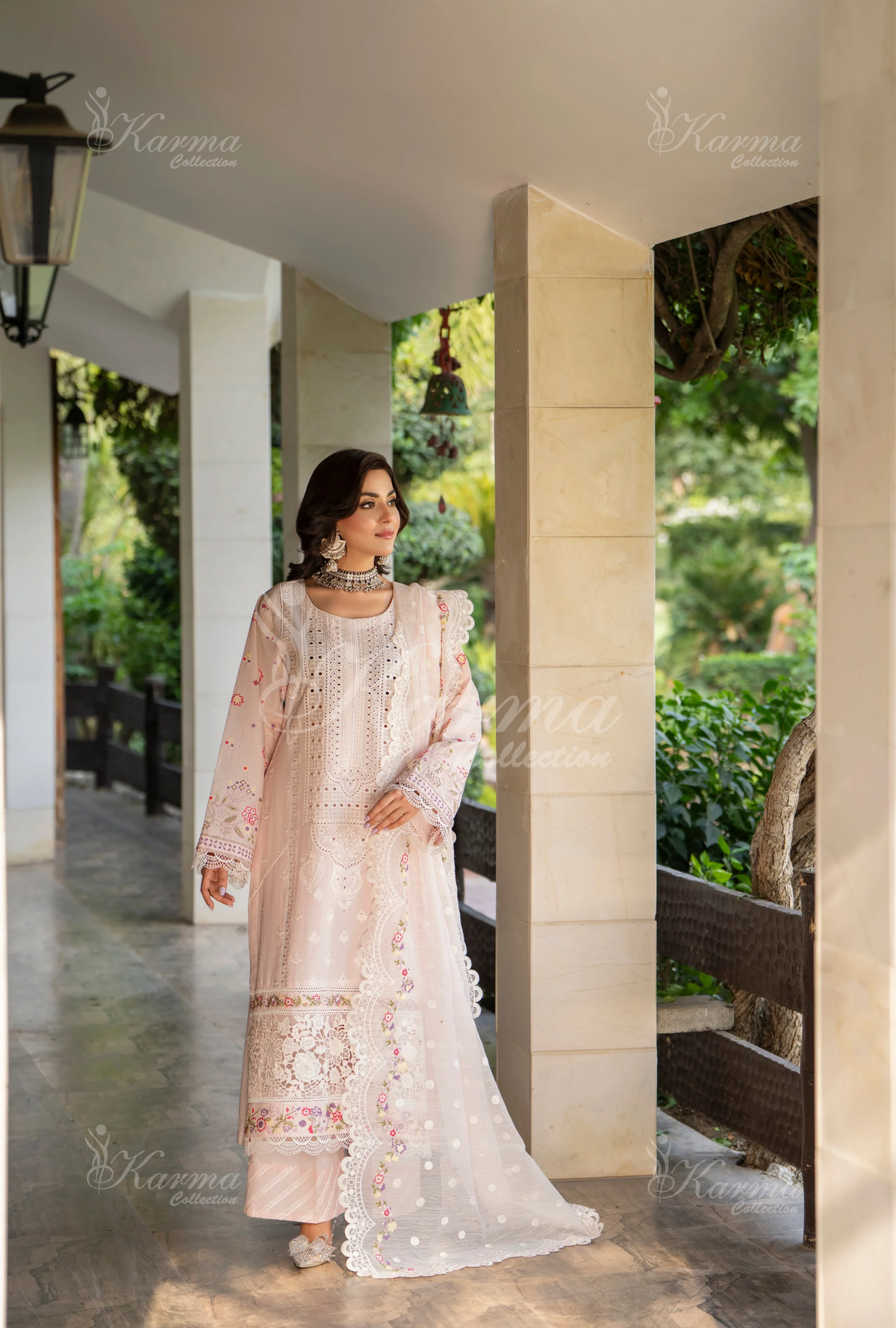 Rang Ja 3 piece embroidered Chikankari suit 1490 Karma CollectionPASTEL PINK