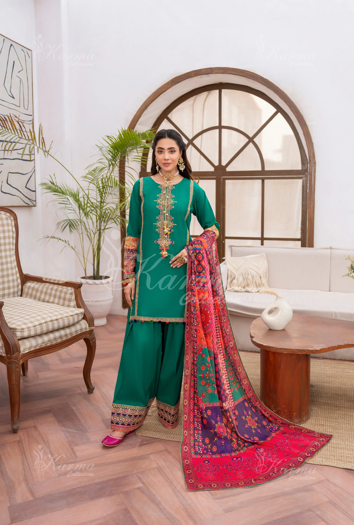 Farshi Shalwar with Embroidered Karma CollectionBOTTLE GREEN SKU:KC-1483