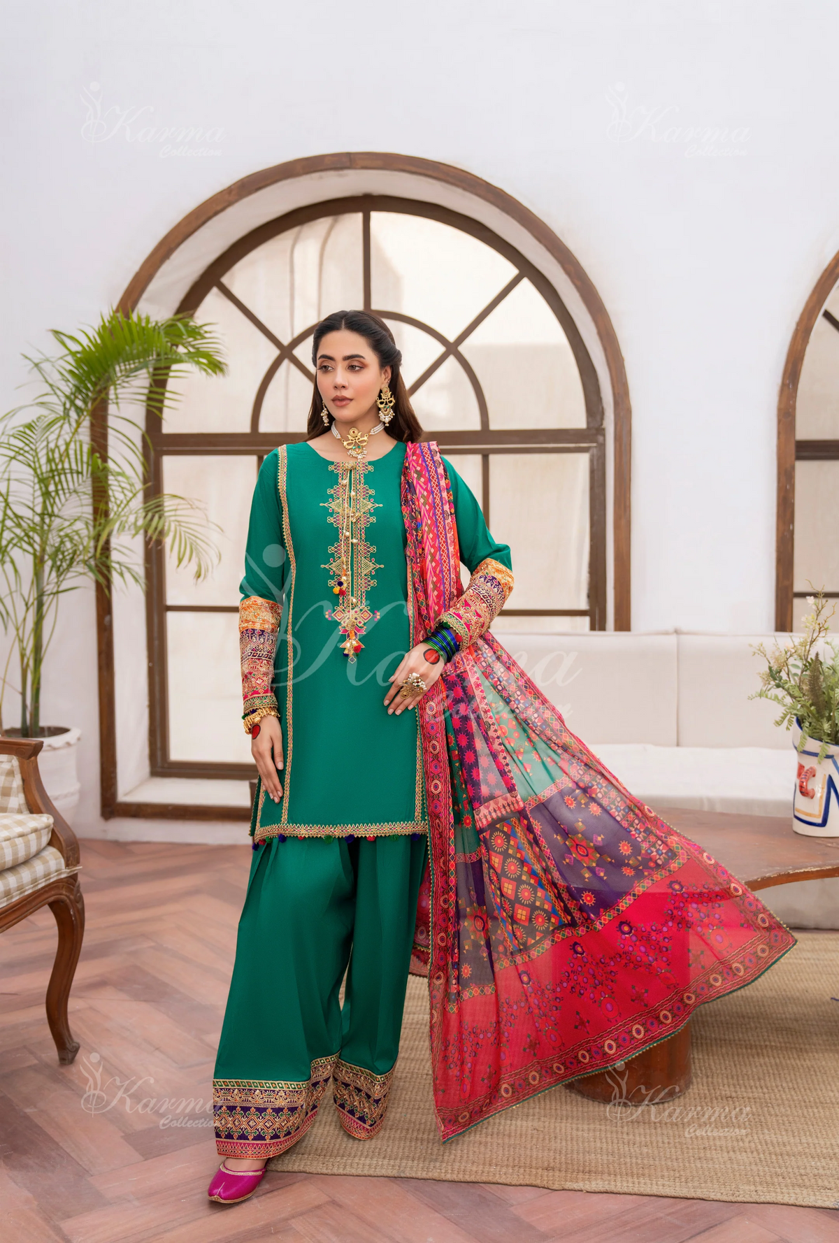 Farshi Shalwar with Embroidered Karma CollectionBOTTLE GREEN SKU:KC-1483