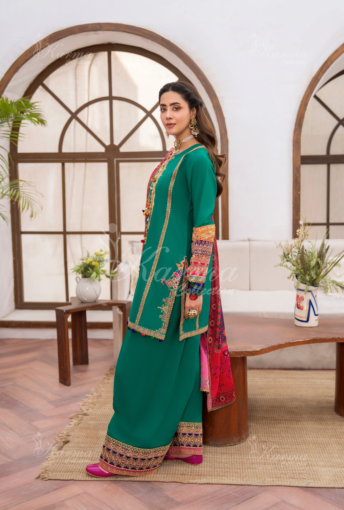 Farshi Shalwar with Embroidered Karma CollectionBOTTLE GREEN SKU:KC-1483