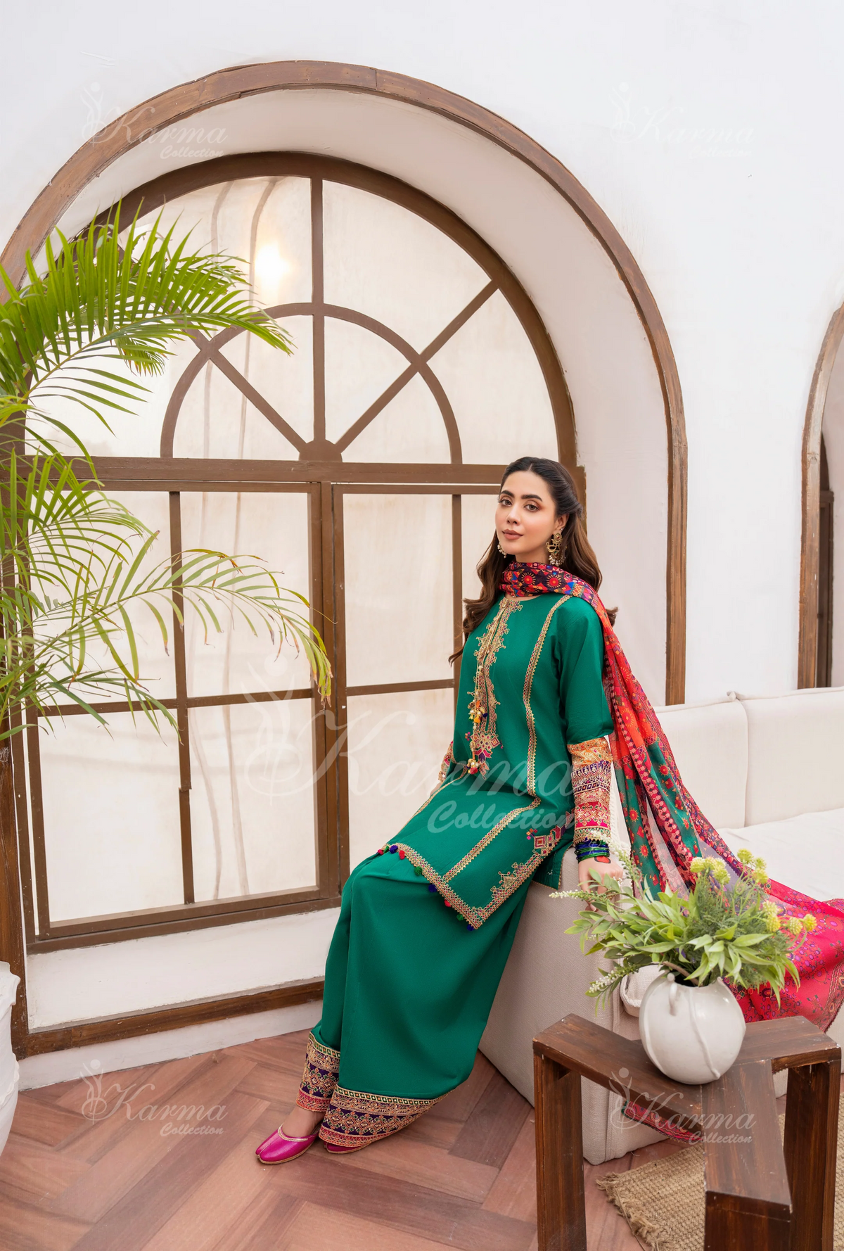 Farshi Shalwar with Embroidered Karma CollectionBOTTLE GREEN SKU:KC-1483