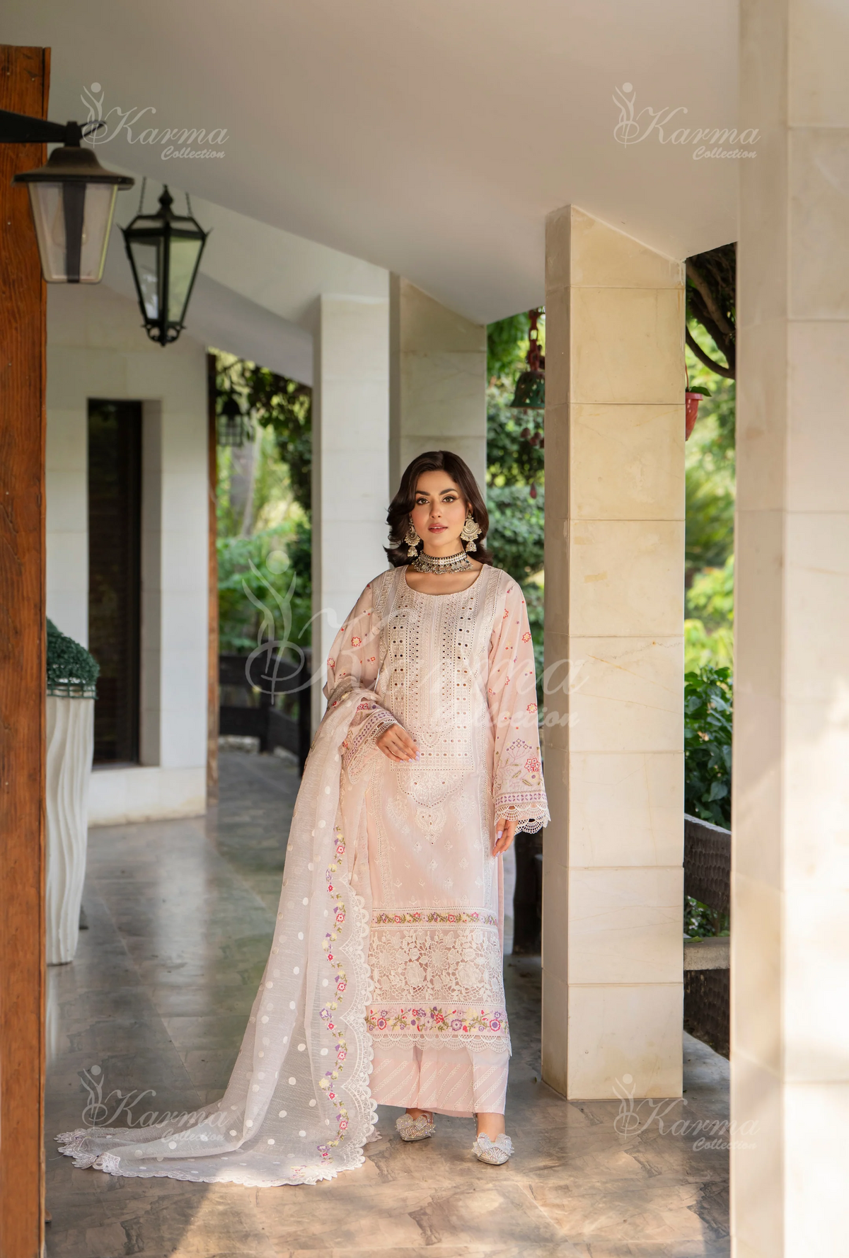 Rang Ja 3 piece embroidered Chikankari suit 1490 Karma CollectionPASTEL PINK