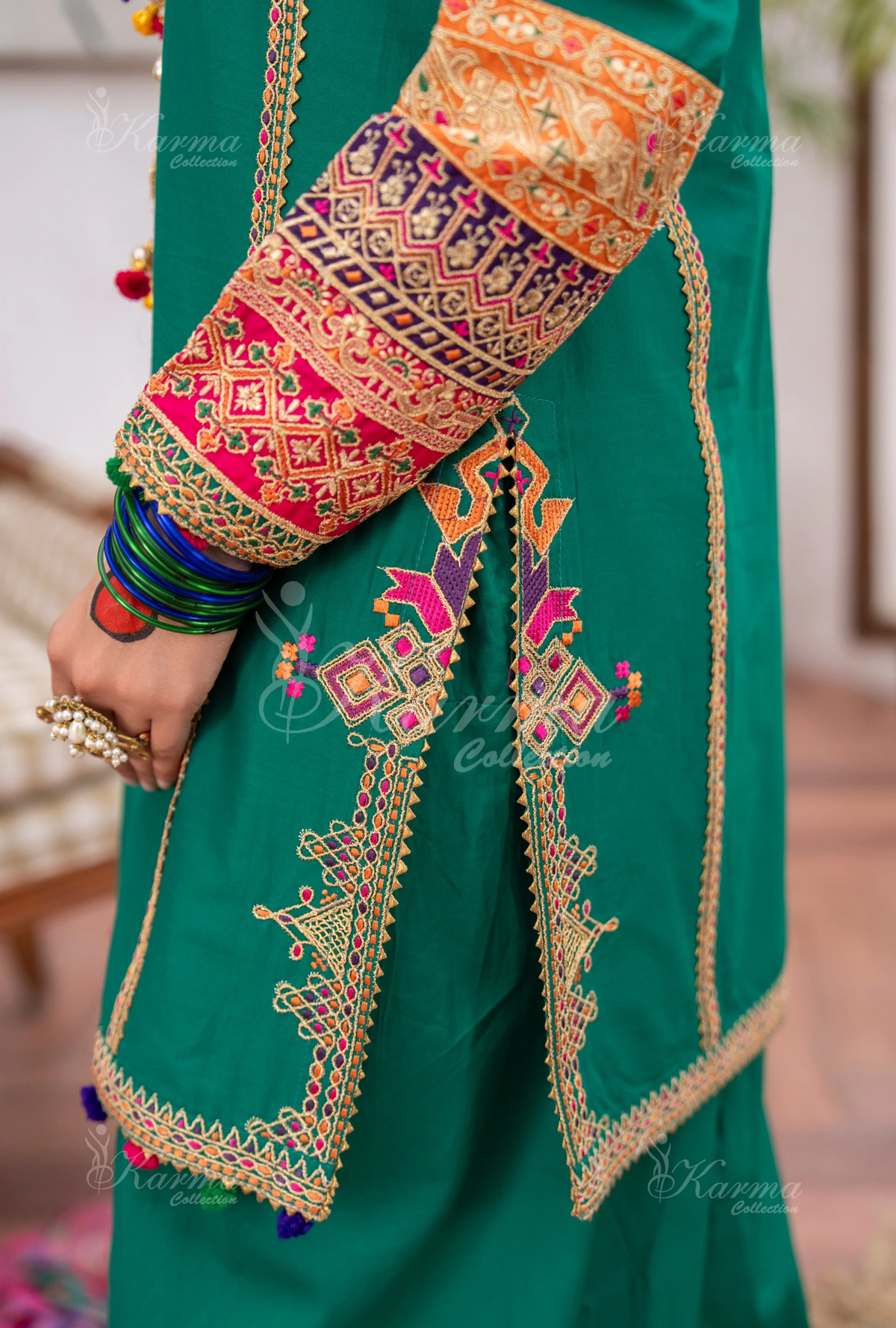 Farshi Shalwar with Embroidered Karma CollectionBOTTLE GREEN SKU:KC-1483