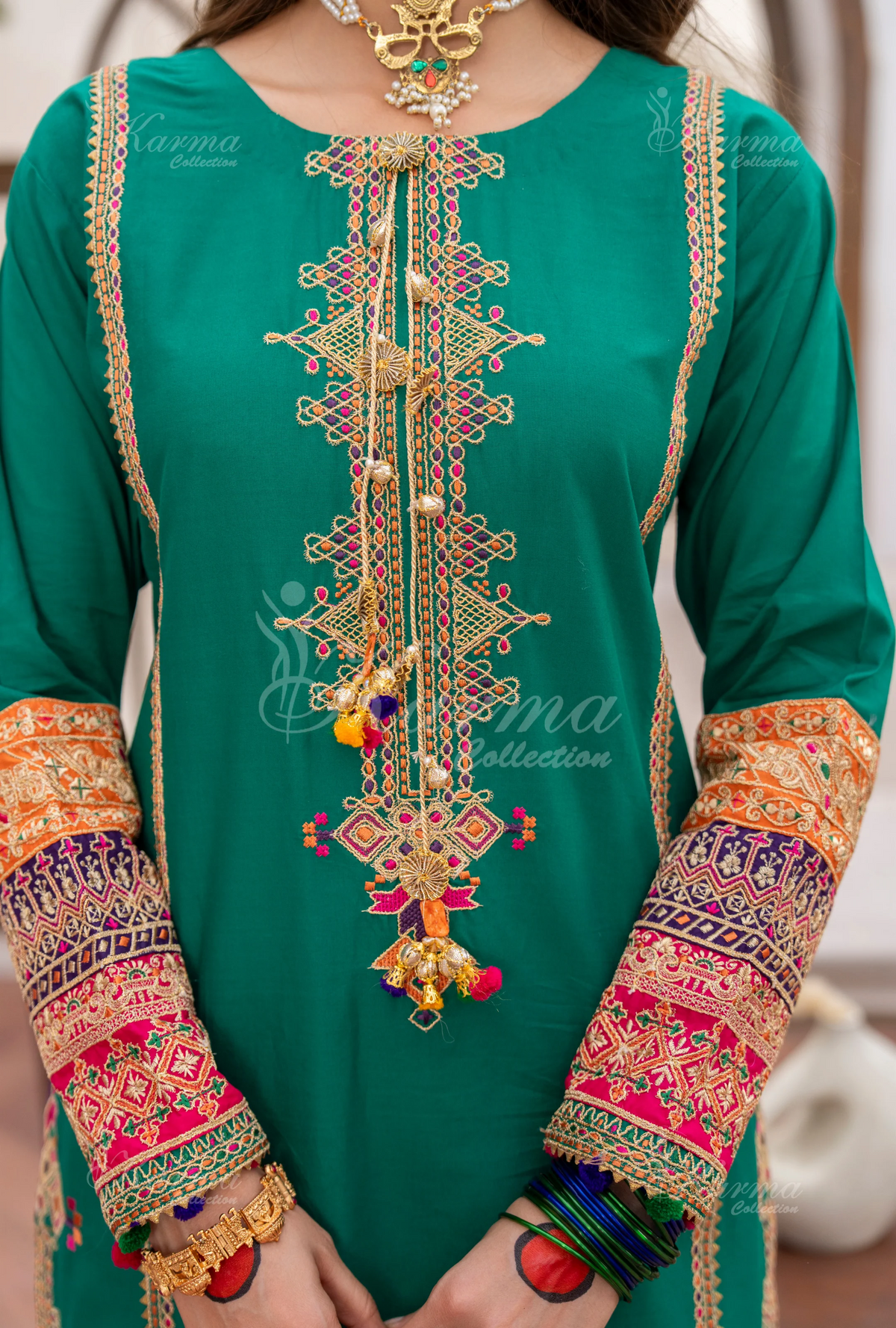 Farshi Shalwar with Embroidered Karma CollectionBOTTLE GREEN SKU:KC-1483