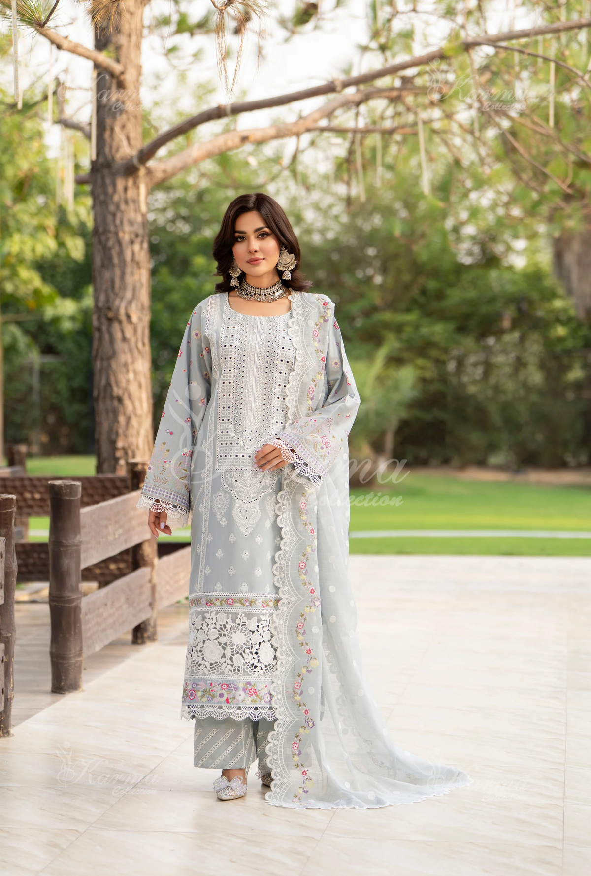 Rang Ja 3 piece embroidered Chikankari suit 1490 Karma Collection ICE BLUE