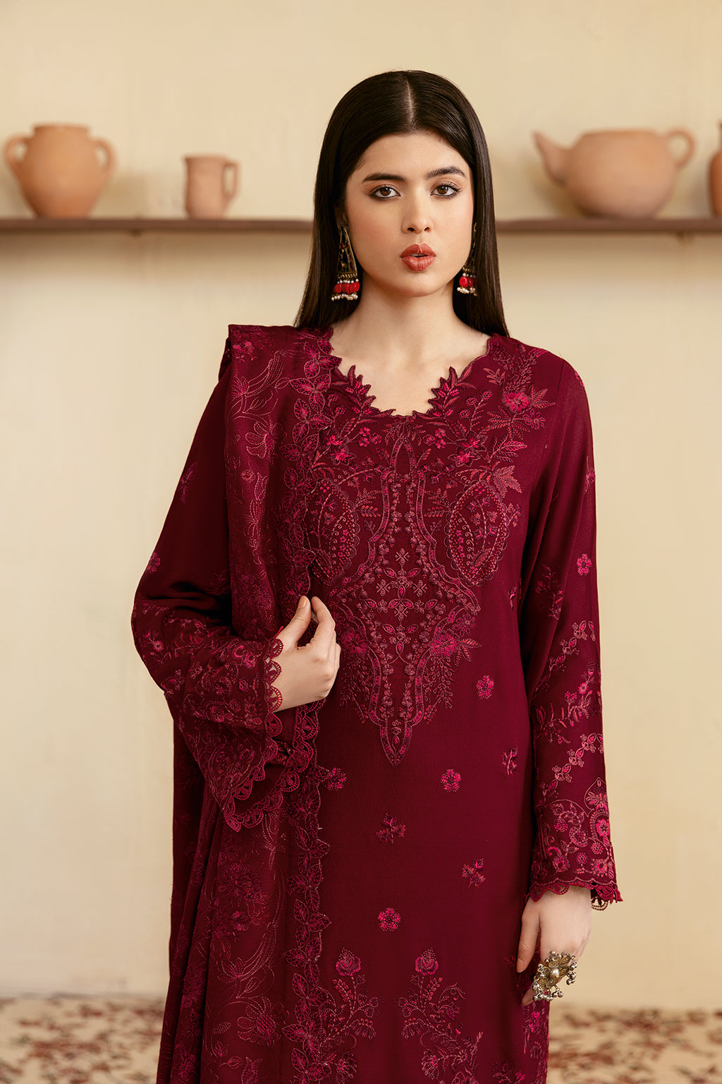 Reet By Ramsha - Three piece embroidered karandi suits with embroidered karandi shawls stitched & embellished | Original Ramsha Karandi Collection 2024 | R-1204