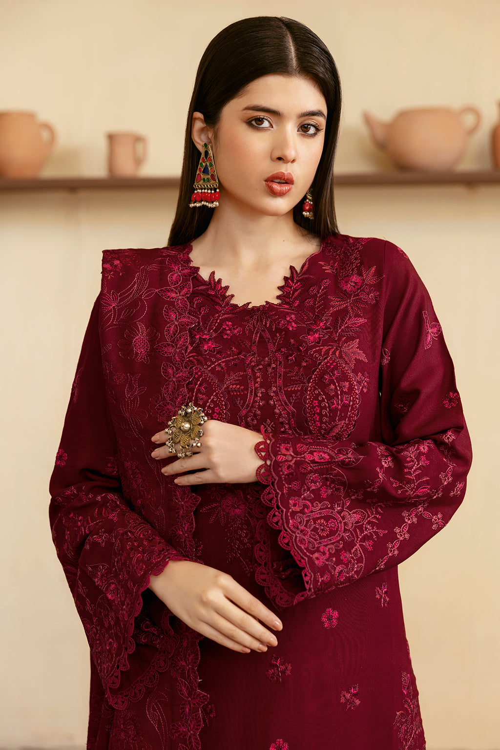 Reet By Ramsha - Three piece embroidered karandi suits with embroidered karandi shawls stitched & embellished | Original Ramsha Karandi Collection 2024 | R-1204