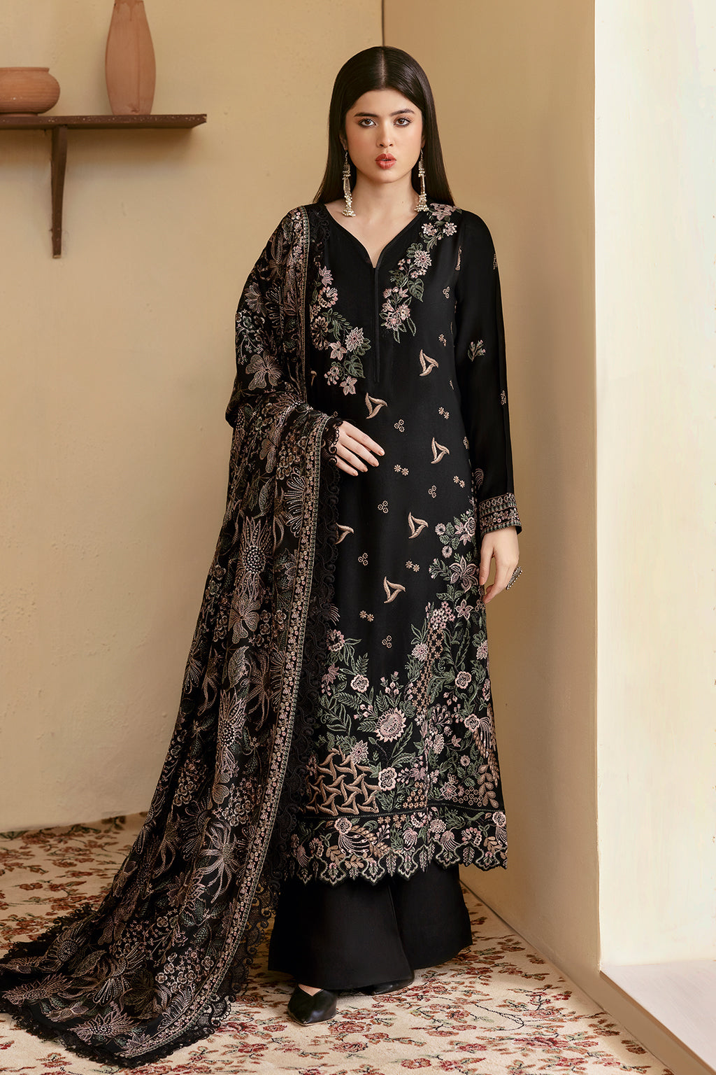 Reet By Ramsha - Three piece embroidered karandi suits with embroidered karandi shawls stitched & embellished | Original Ramsha Karandi Collection 2024 | R-1205