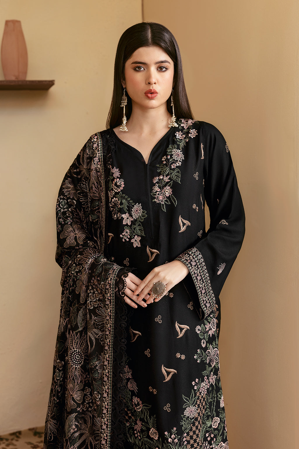 Reet By Ramsha - Three piece embroidered karandi suits with embroidered karandi shawls stitched & embellished | Original Ramsha Karandi Collection 2024 | R-1205