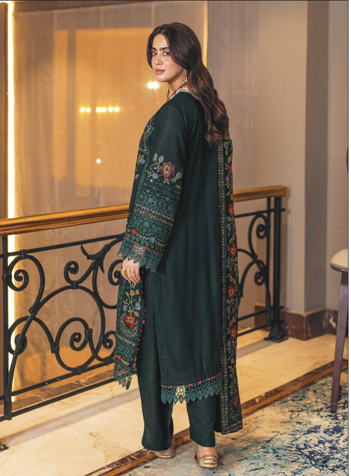 Embroidered Leather Peach Shirt with Embroidered Wool Shawl