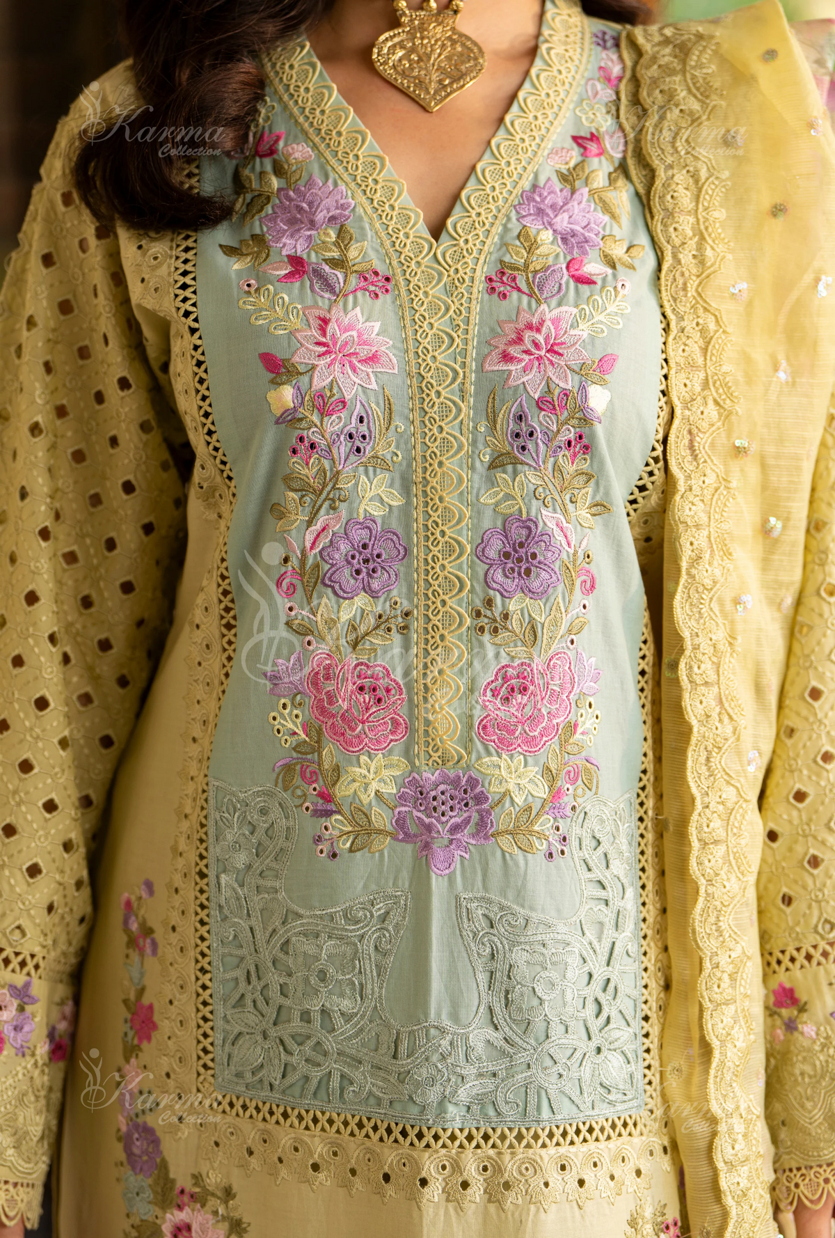 Rang Ja 3 piece embroidered Chikankari suit1489Karma Collection MUTED MUSTARD