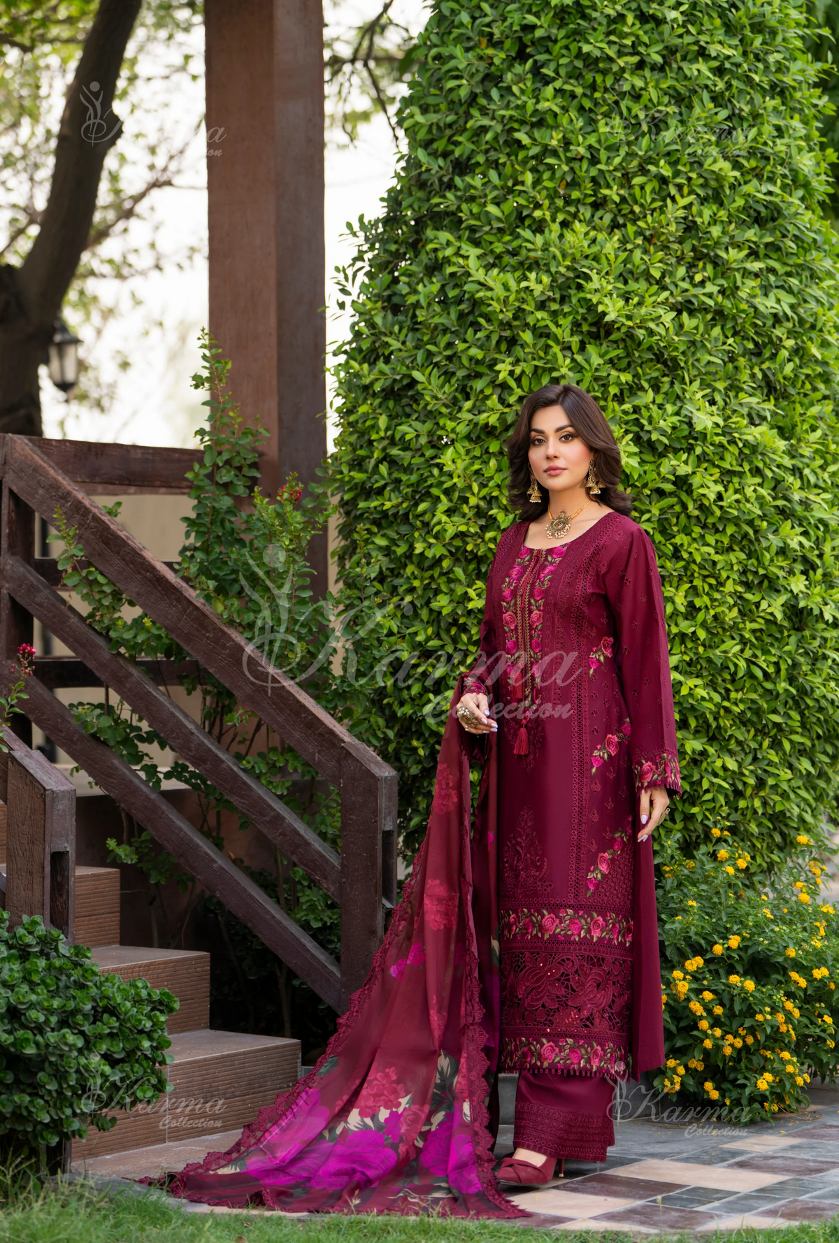 Rang Ja 3 piece embroidered Chikankari suit1487 Karma Collection WINE RED