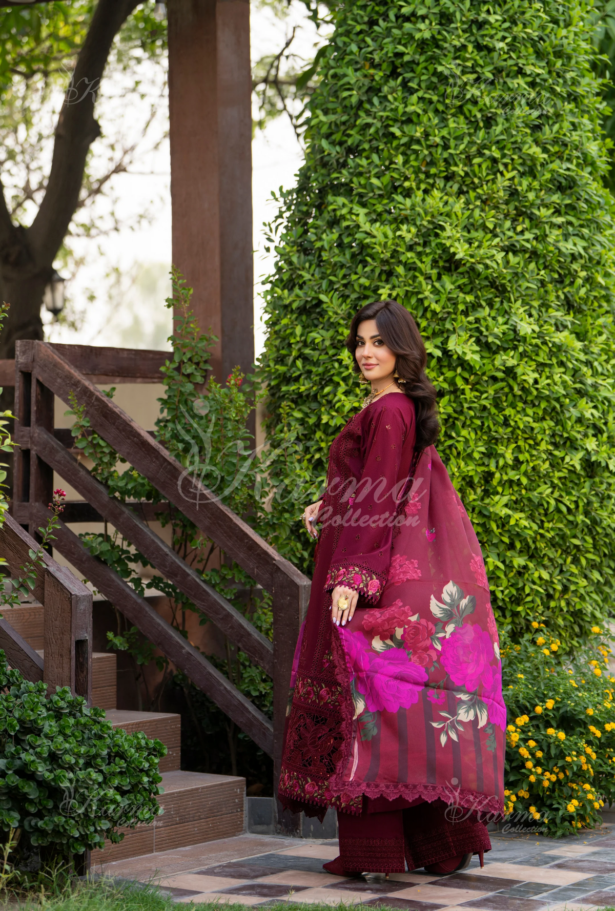 Rang Ja 3 piece embroidered Chikankari suit1487 Karma Collection WINE RED