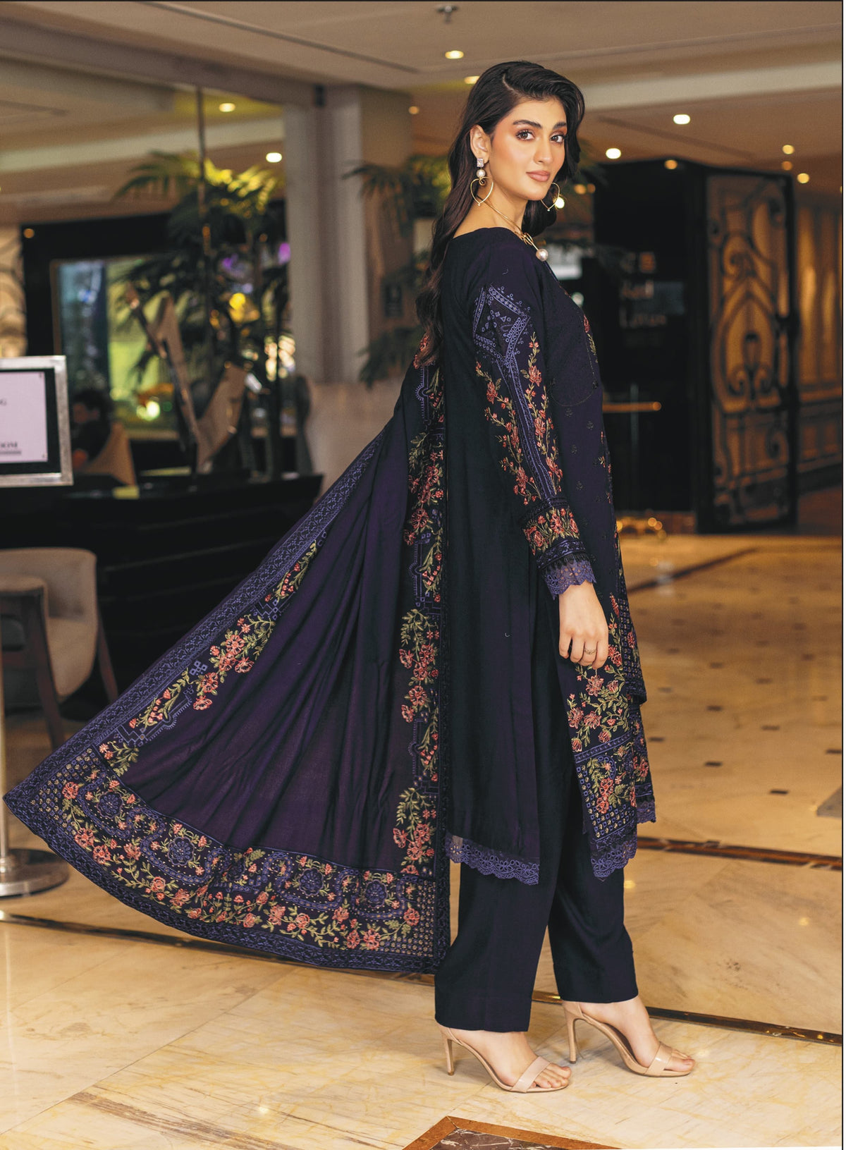 Embroidered Leather Peach Shirt with Embroidered Wool Shawl Sajan