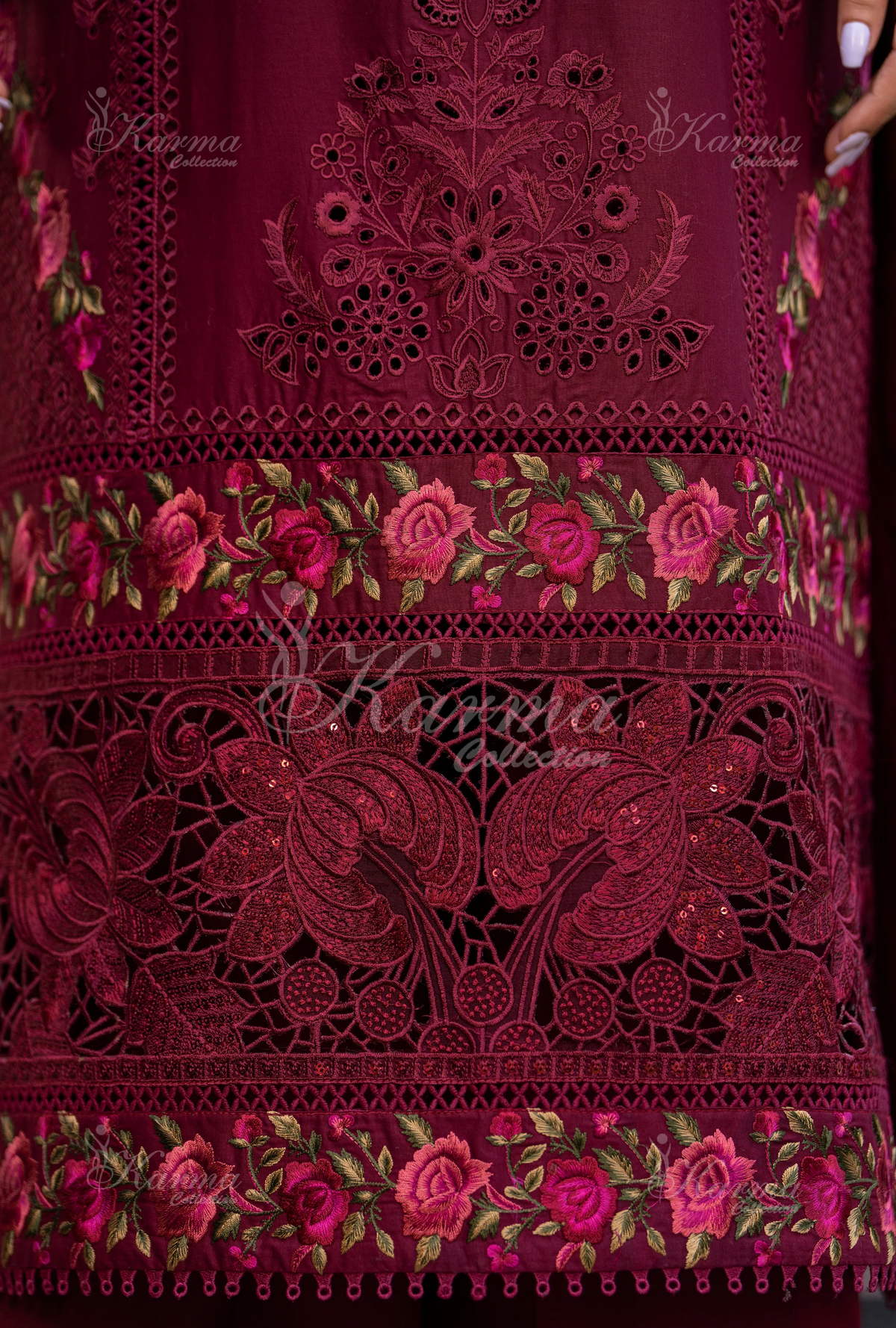 Rang Ja 3 piece embroidered Chikankari suit1487 Karma Collection WINE RED