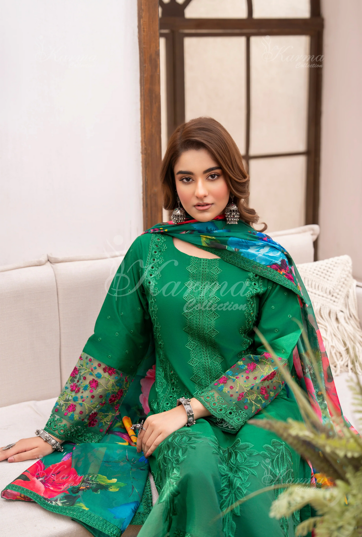Eid Outfits By Karma CollectionPINE GREEN SKU:KC-1485