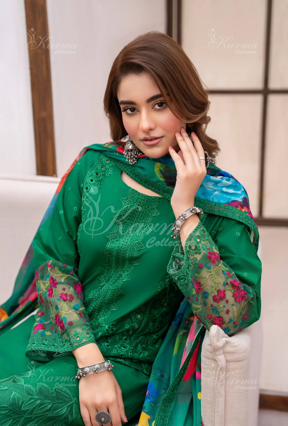 Eid Outfits By Karma CollectionPINE GREEN SKU:KC-1485