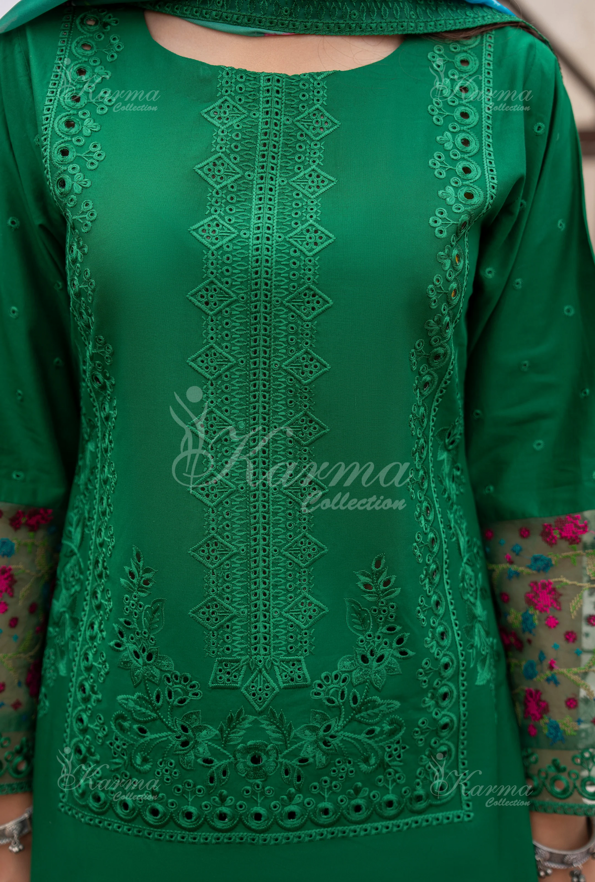 Eid Outfits By Karma CollectionPINE GREEN SKU:KC-1485