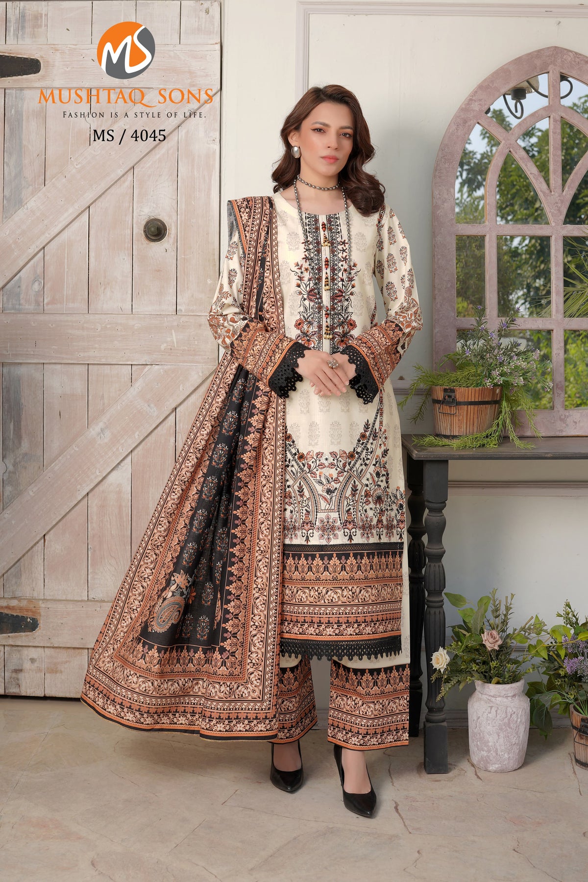 Stitched 3 Piece printed With Embroidered Winter khaddar Bana Dora Collection '24 MS 4045