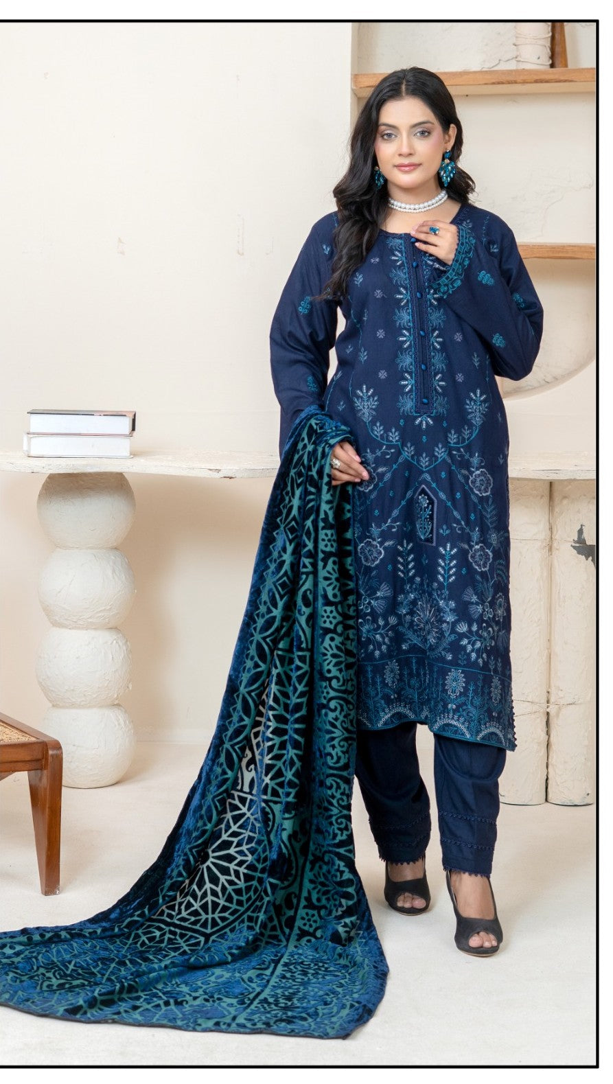 Winter Collection Dhanak Blue with Palachi shawl 3Pc