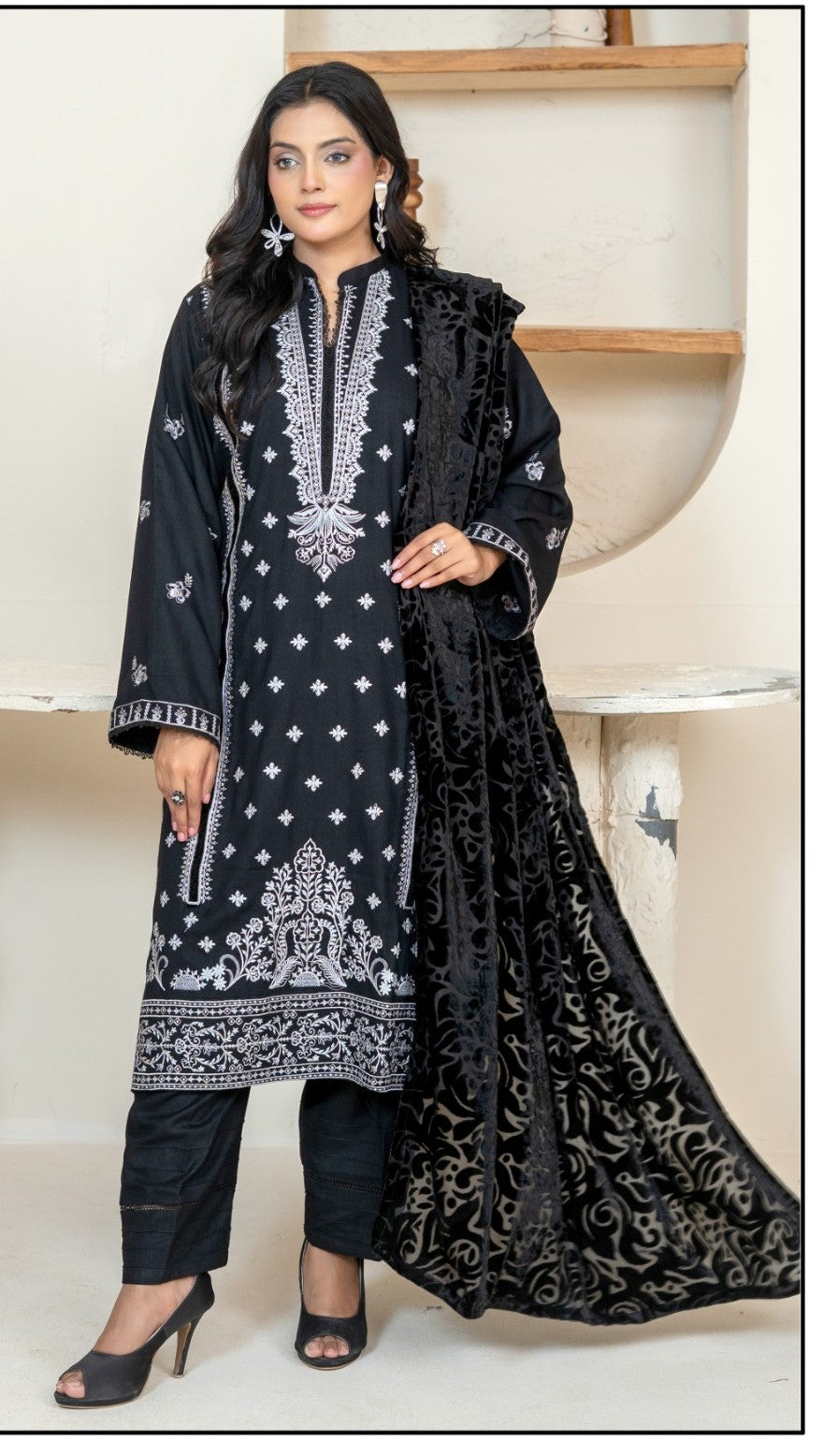 Winter Collection Dhanak Black with Palachi shawl 3Pc