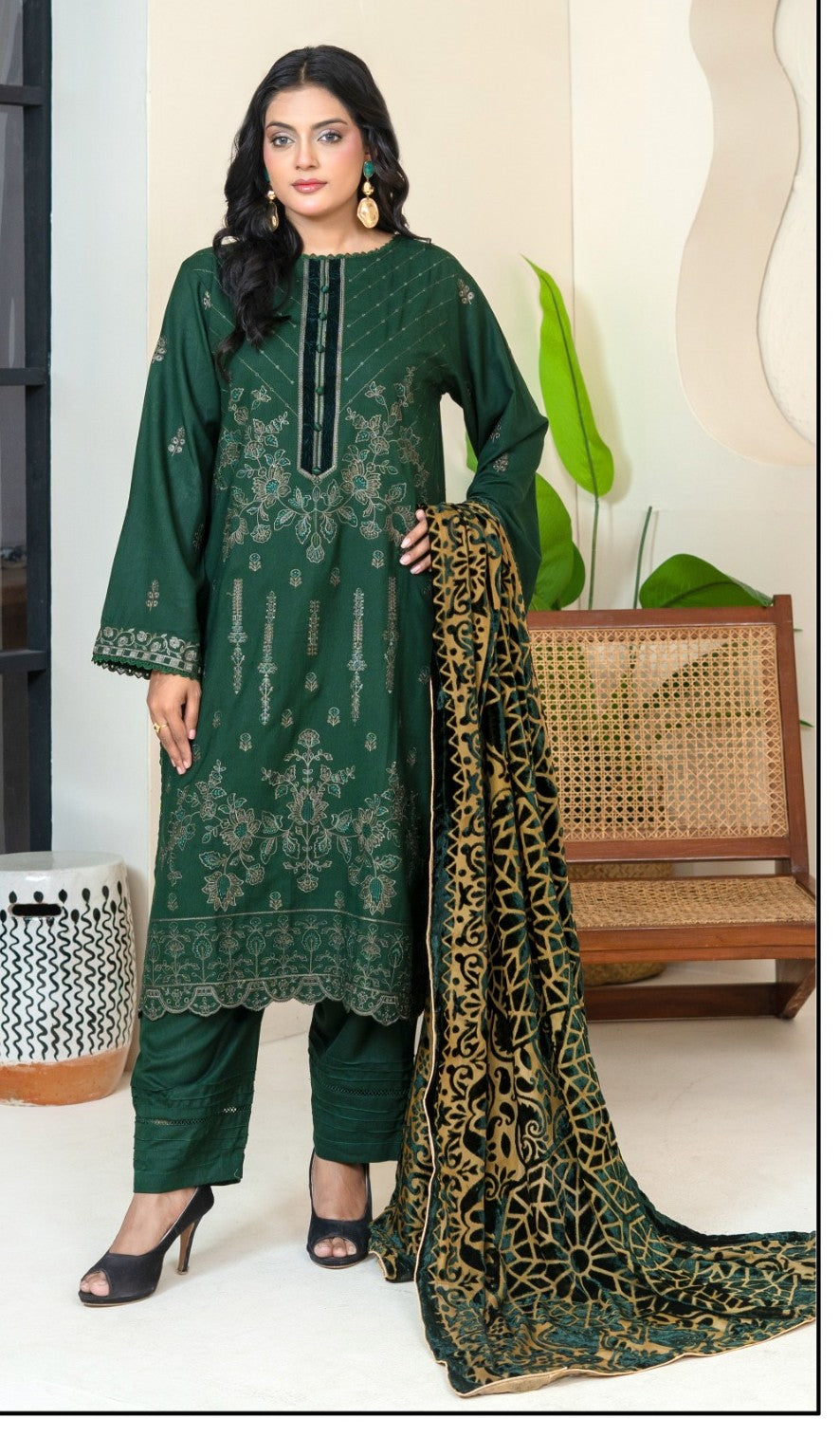Winter Collection Dhanak Green with Palachi shawl 3Pc