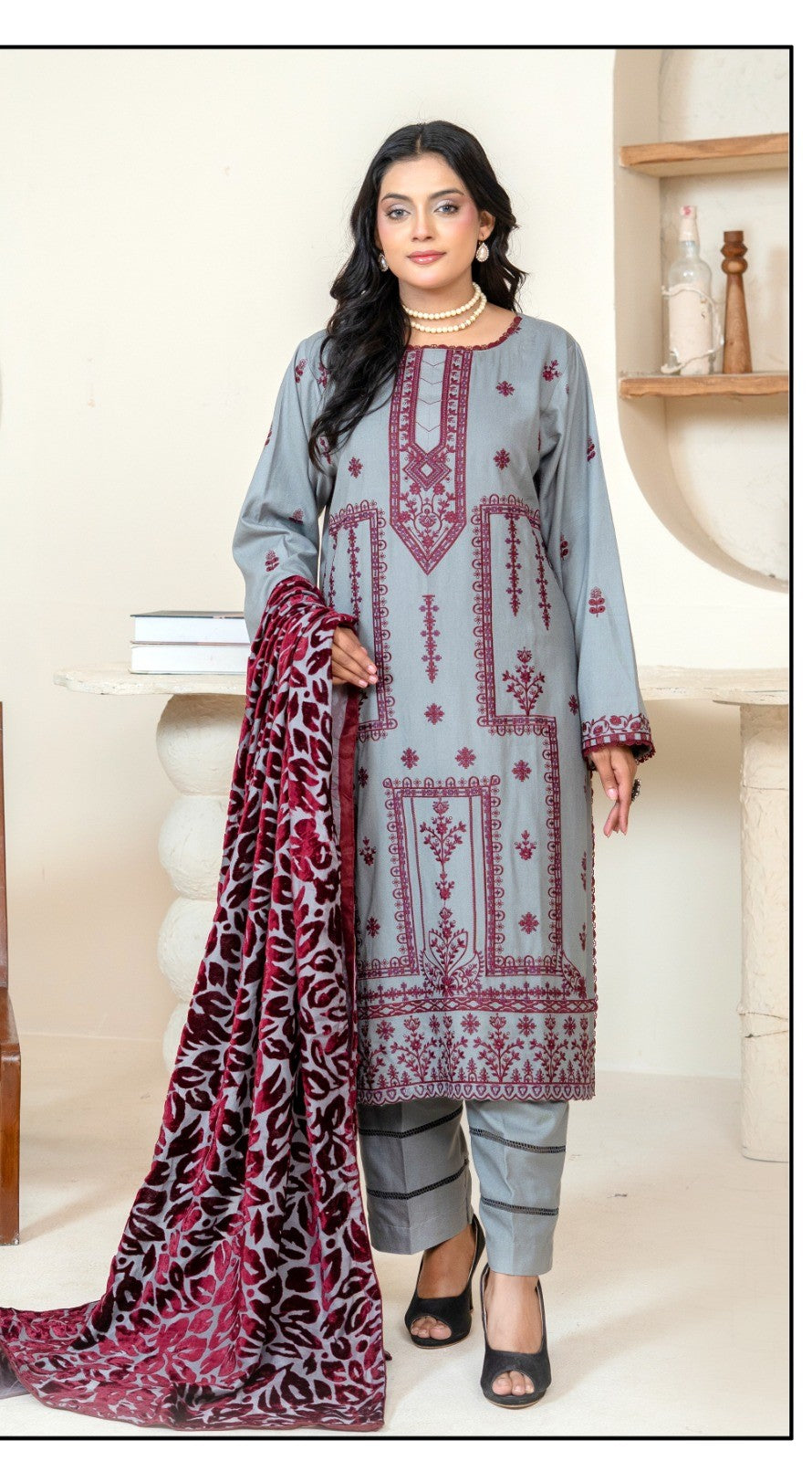 Winter Collection Dhanak Grey with Palachi shawl 3Pc