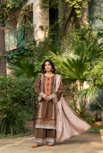 Karma Collection Winter Luxury Edition 3 Piece Embroidered Kotrai CAMEL Shirt withDupatta & Shalwar for Elegant Outfits KC-1522