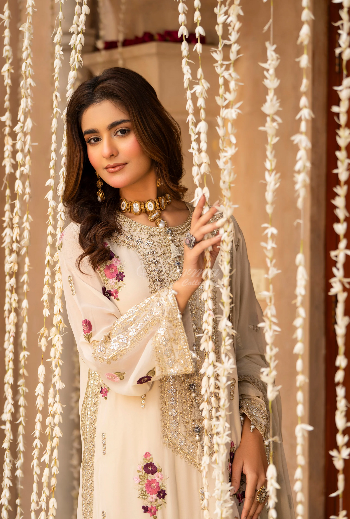 Chiffon 3 Piece Embroidered Hayat Karma Collection WARM IVORY F-496