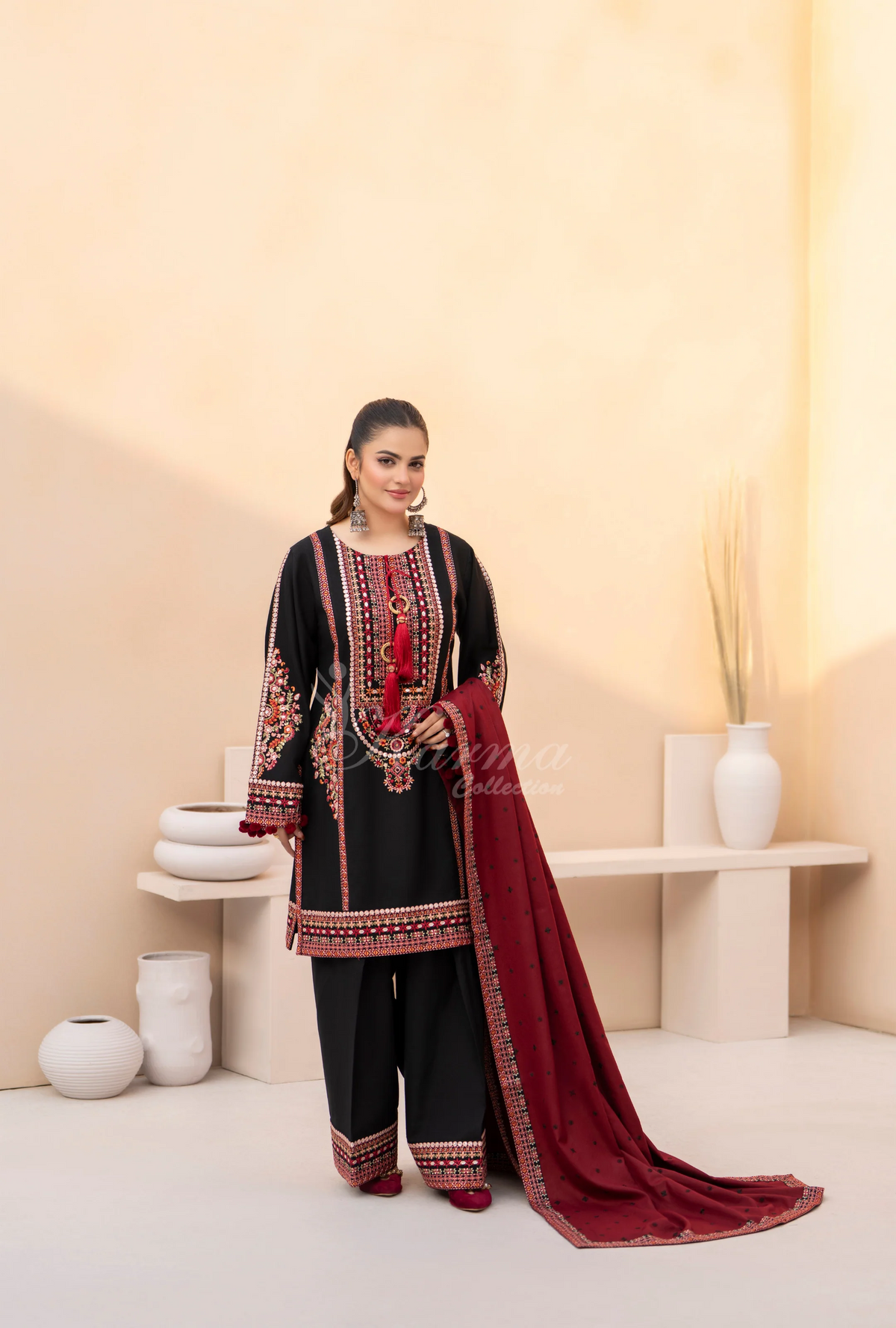 Winter Luxury 3 Piece Embroidered Mishaal Karma CollectionBLOODSTONE SKU:KC-1532