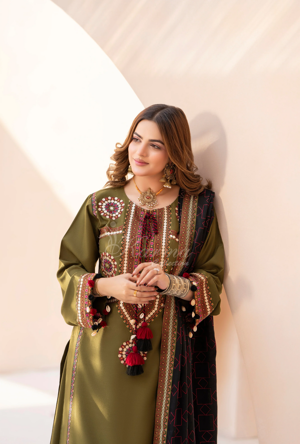 Winter Luxury 3 Piece Embroidered Mishaal Karma CollectionARMY GREEN SKU:KC-1538