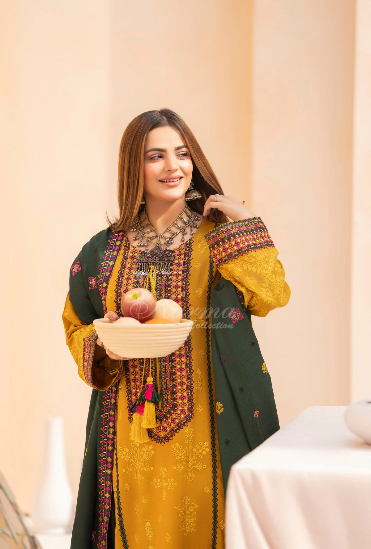 Winter Luxury 3 Piece Embroidered Mishaal Karma CollectionMUSTARD GOLD SKU:KC-1535